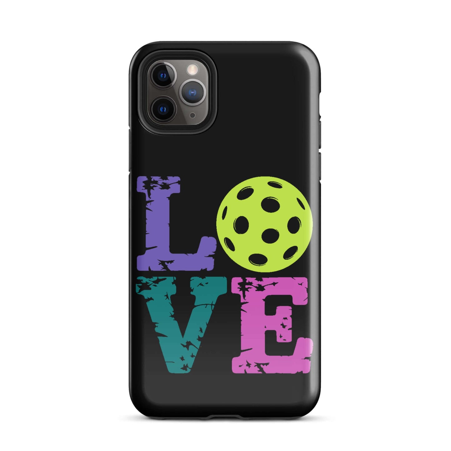 LOVE Pickleball Tough Case for iPhone® with vibrant colors and a pickleball graphic.