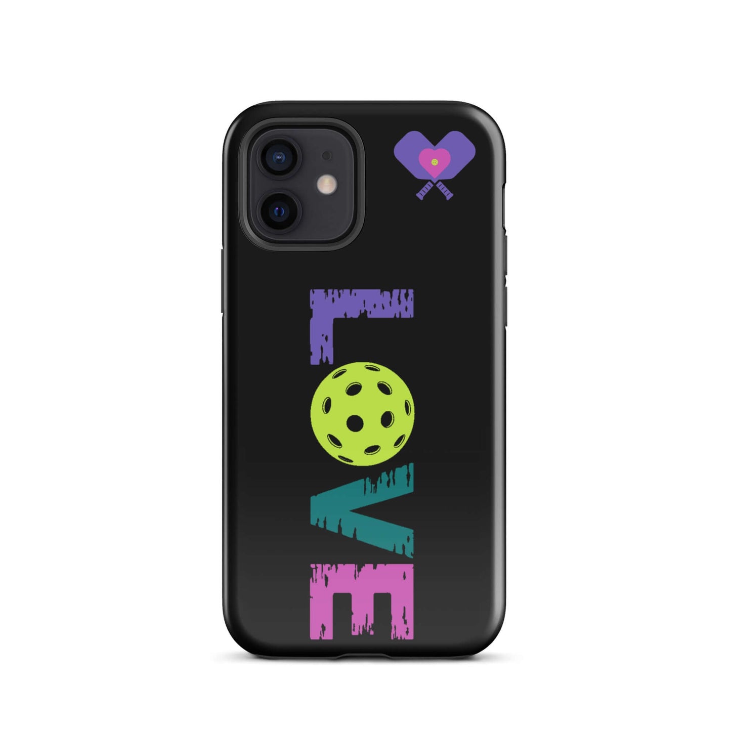 LOVE Pickleball Tough Case for iPhone® featuring a vibrant design with a pickleball and heart accents.