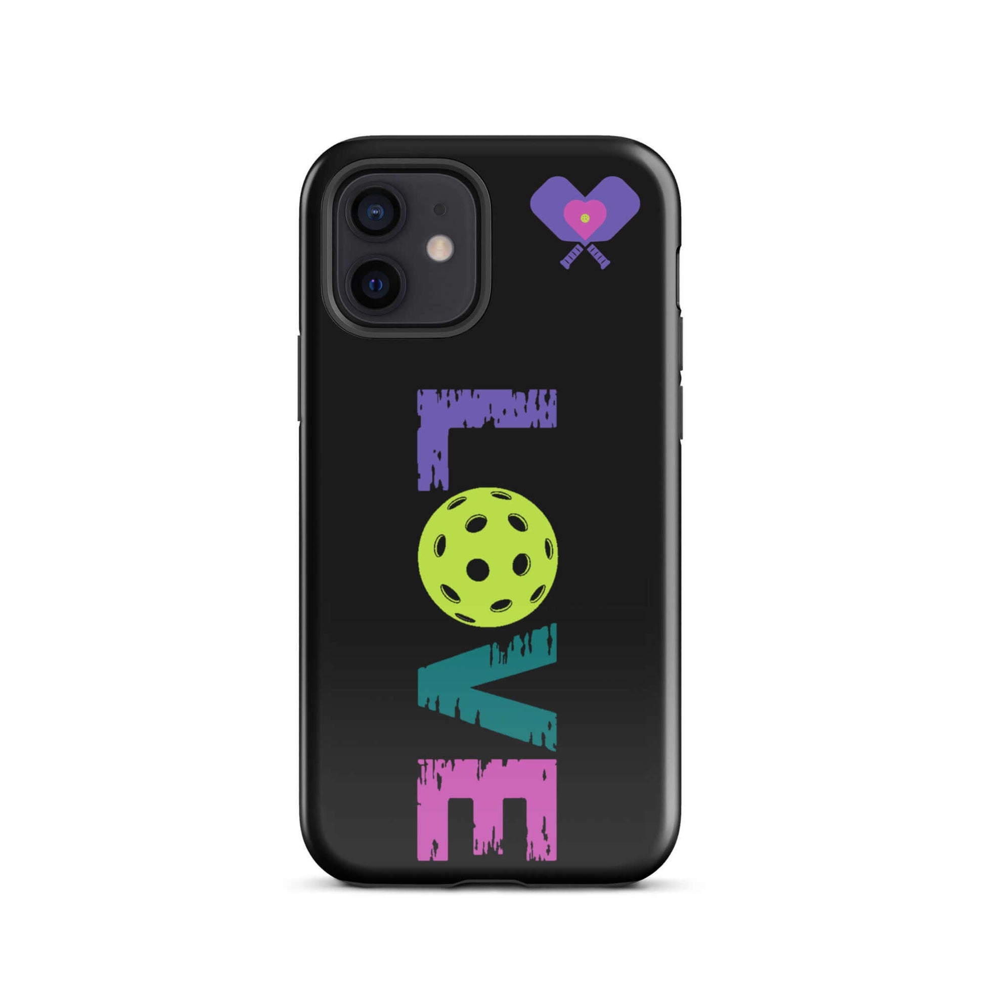 LOVE Pickleball Tough Case for iPhone® featuring a vibrant design with a pickleball and heart accents.