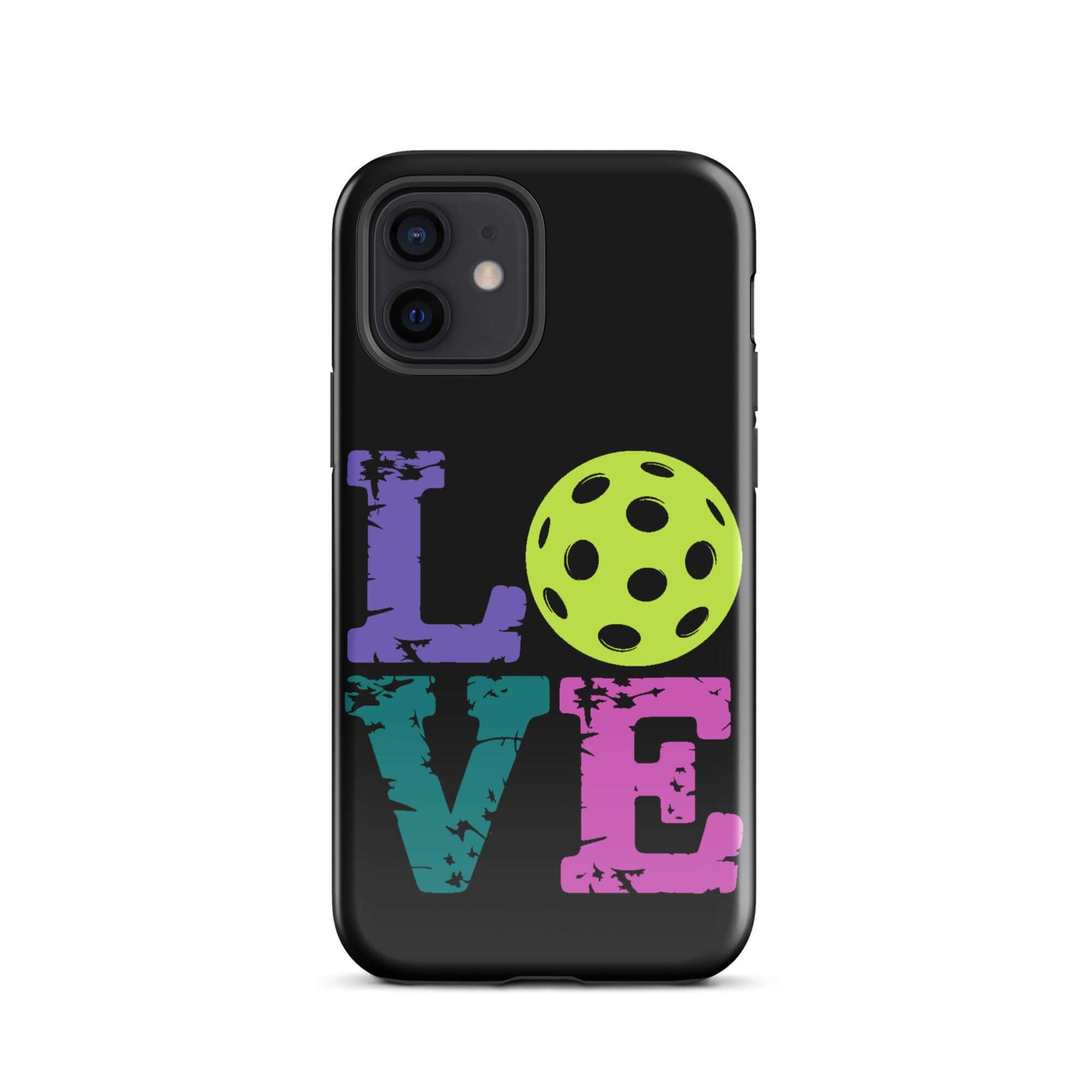 LOVE Pickleball Tough Case for iPhone® in vibrant colors with a pickleball graphic.