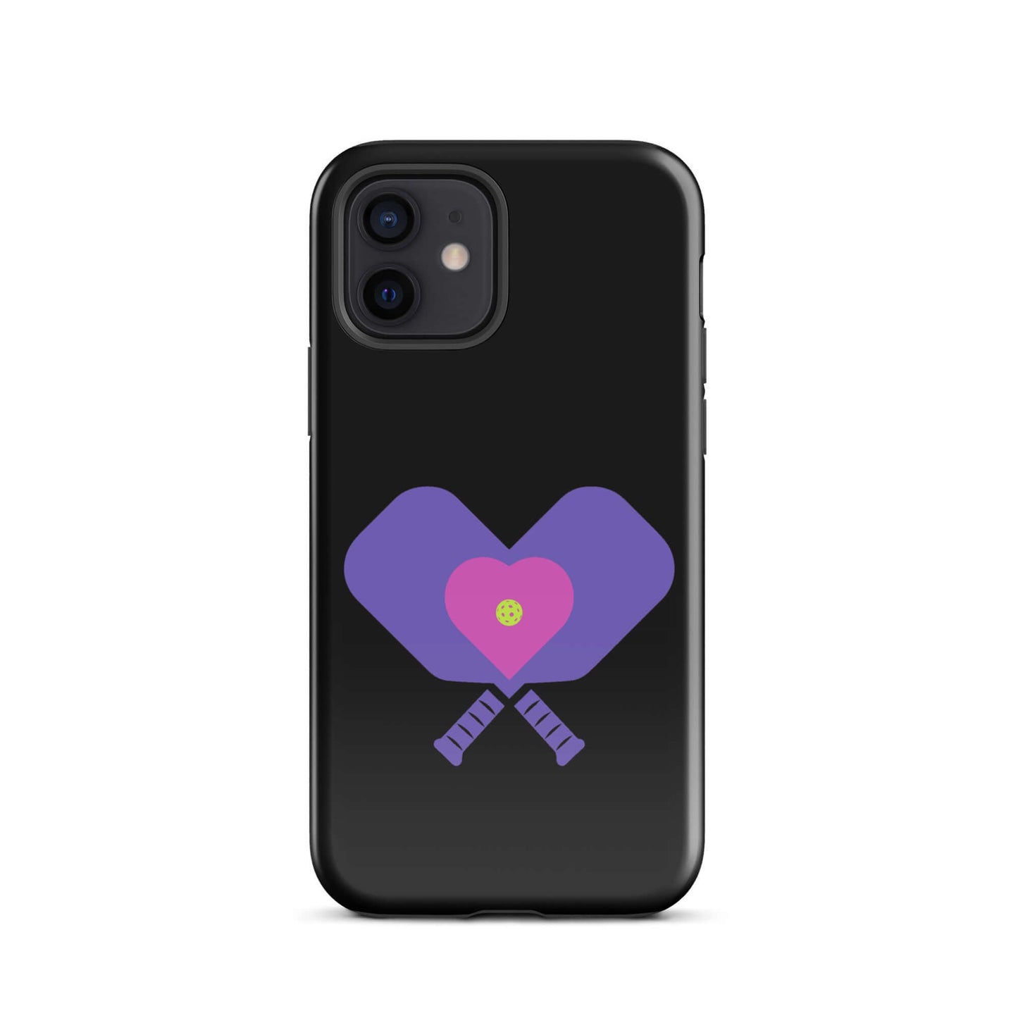 LOVE Pickleball Tough Case for iPhone® featuring colorful paddles and heart design.