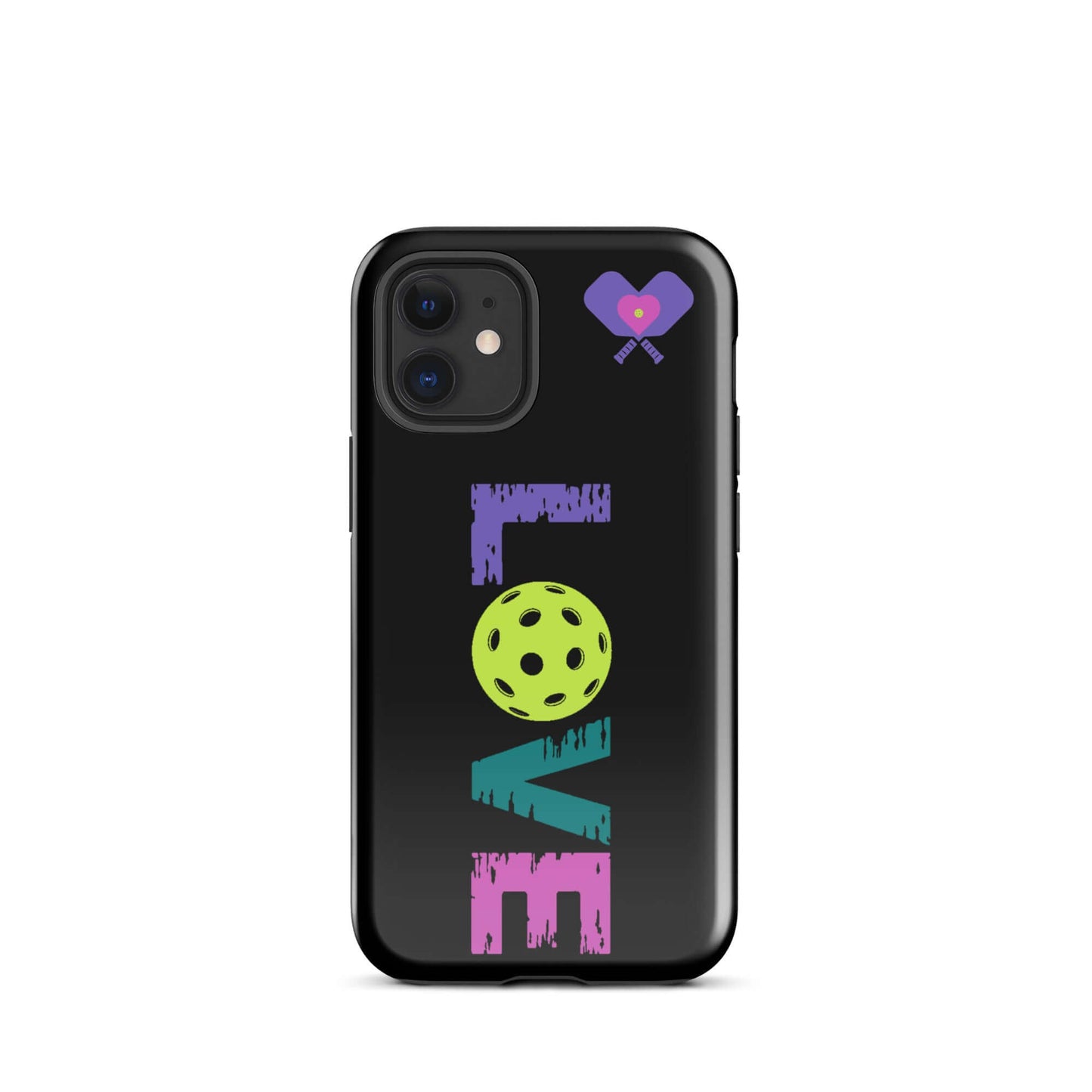 LOVE Pickleball Tough Case for iPhone® featuring colorful text and pickleball graphic on a sleek black background.