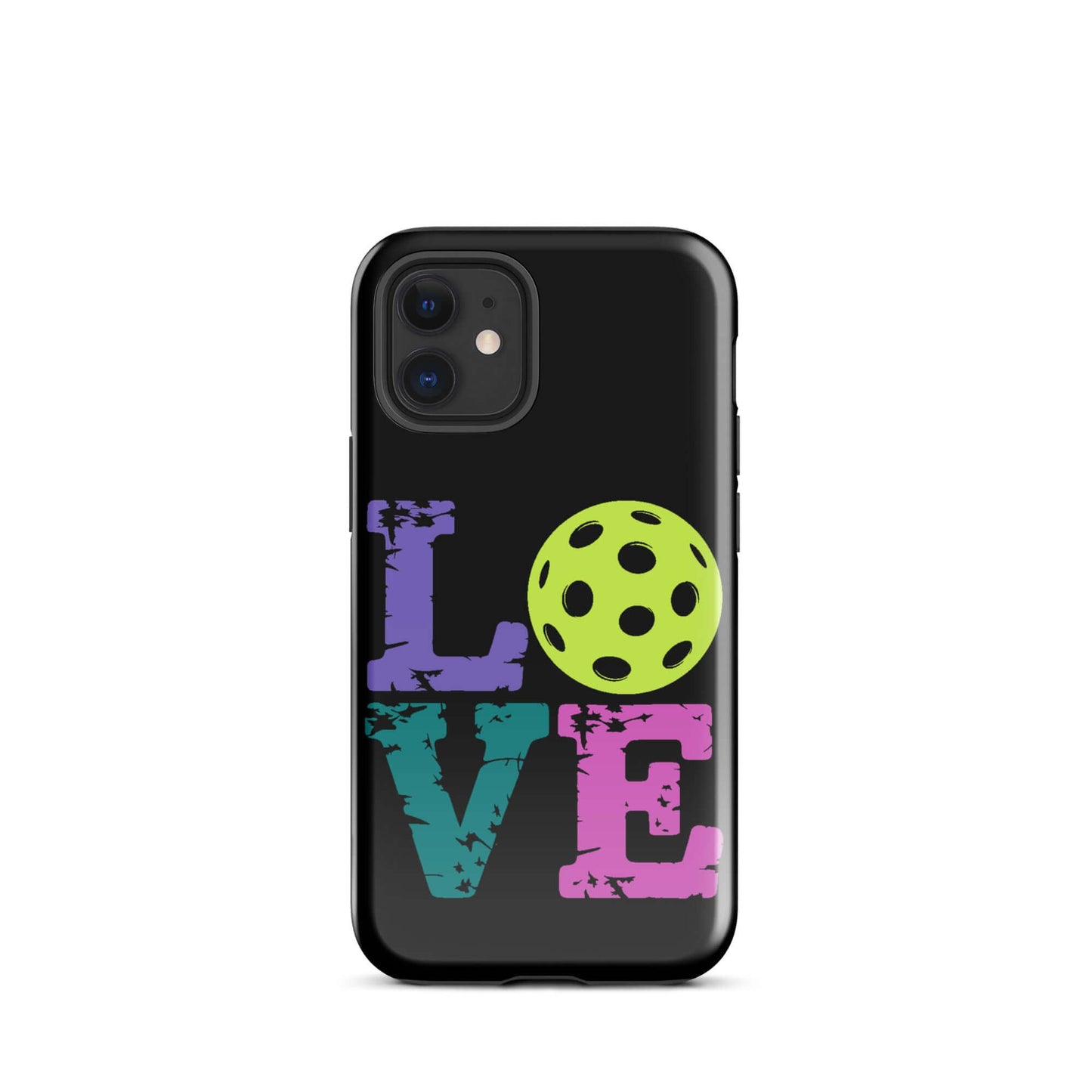 LOVE Pickleball tough case for iPhone® featuring colorful lettering and a pickleball design.