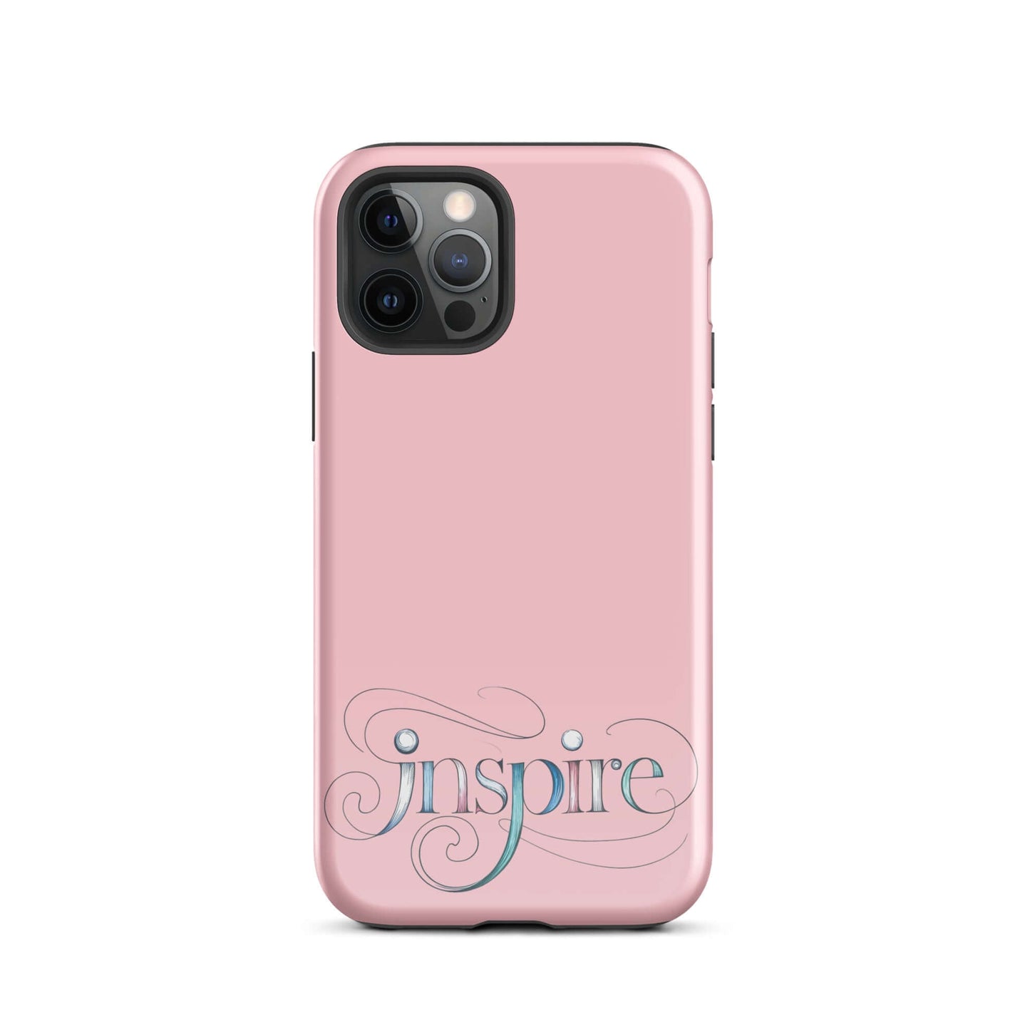 Inspire Sketch Tough Case for iPhone® with artistic word design on pink background.