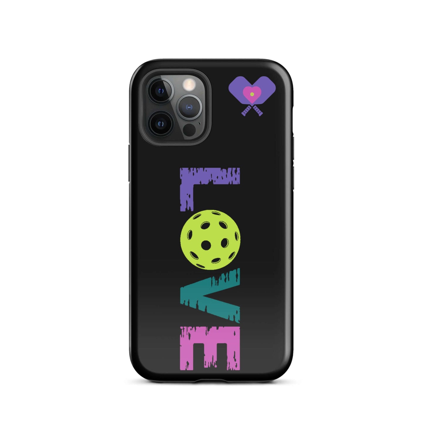 LOVE Pickleball Tough Case for iPhone® showcasing vibrant colors and a playful pickleball design.