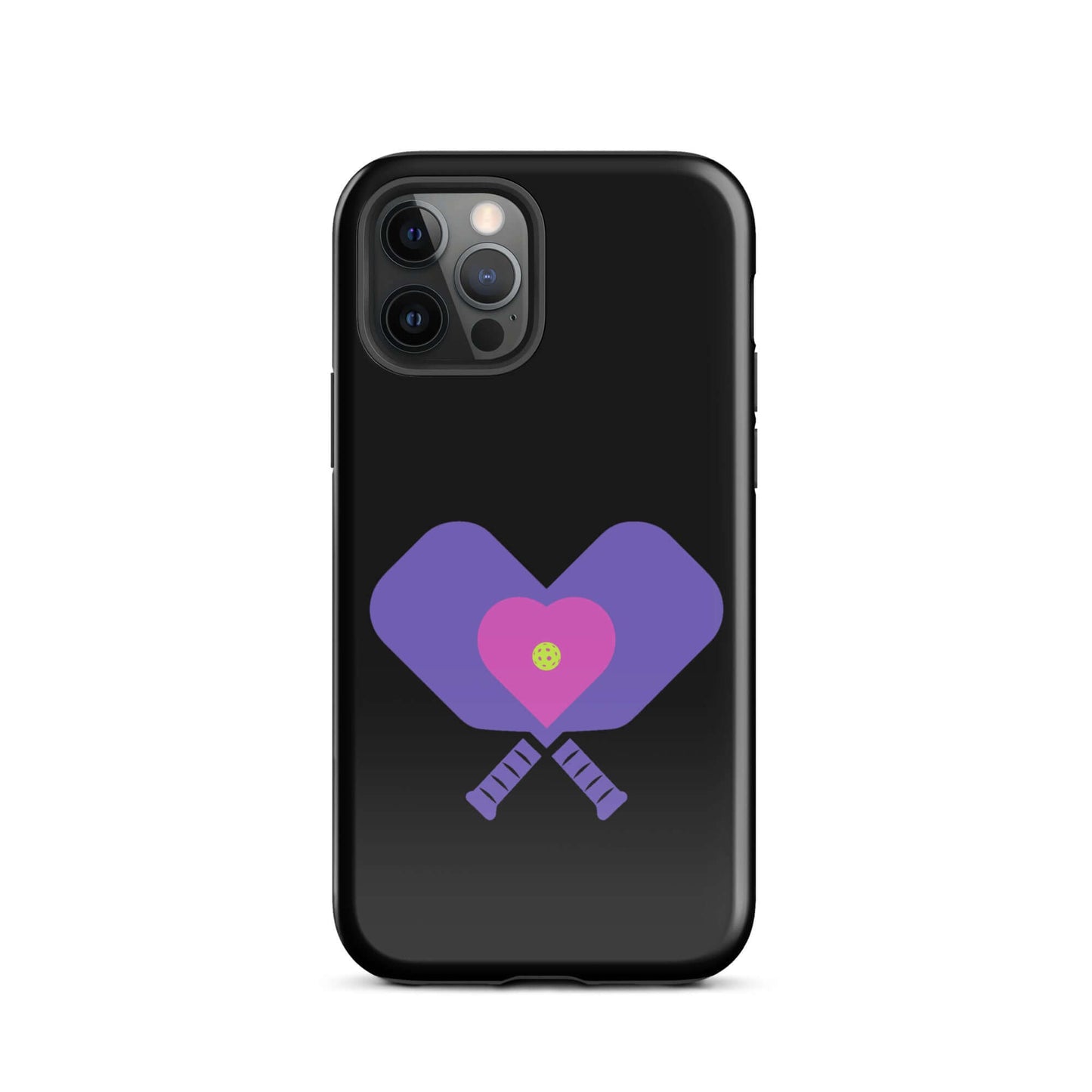 LOVE Pickleball Tough Case for iPhone®, featuring purple paddles and heart design on a black background.