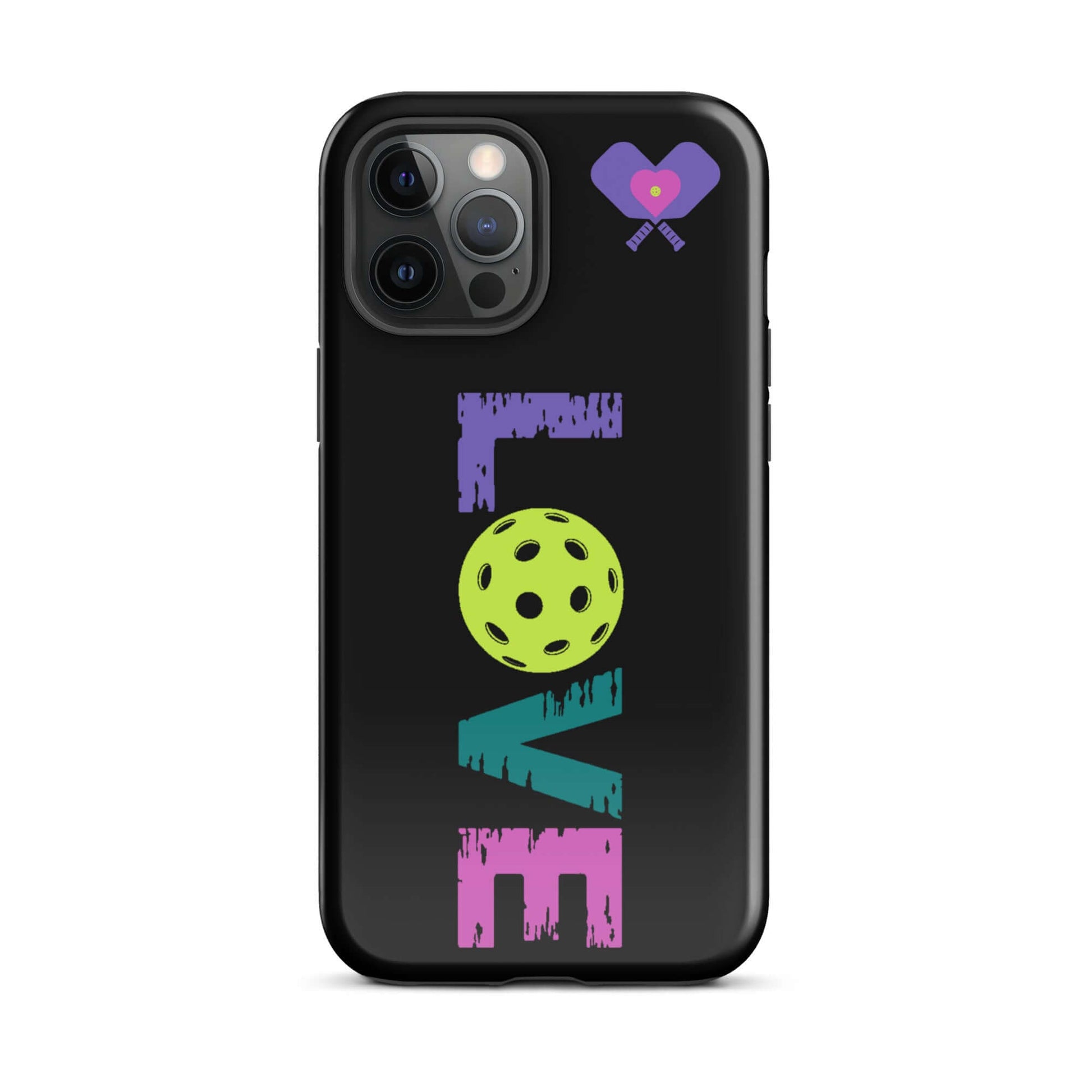 LOVE Pickleball Tough Case for iPhone® featuring colorful graphics and a pickleball design.