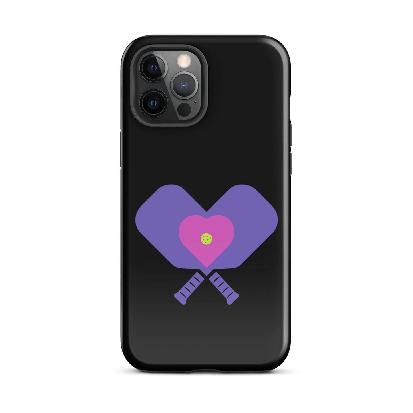 LOVE Pickleball Tough Case for iPhone® featuring heart-shaped paddles design on a black background.