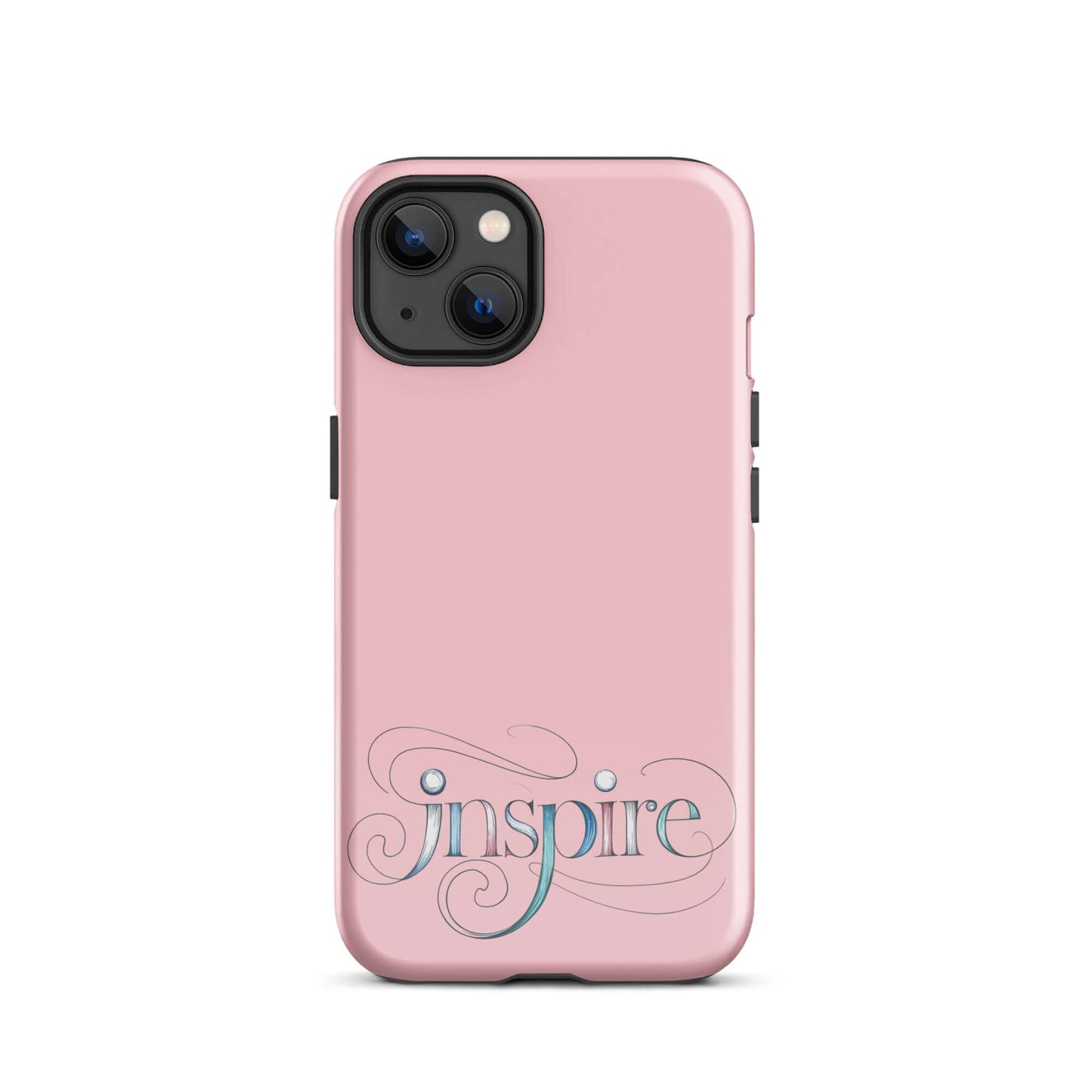 Inspire Sketch Tough Case for iPhone® with elegant word art design on a soft pink background.