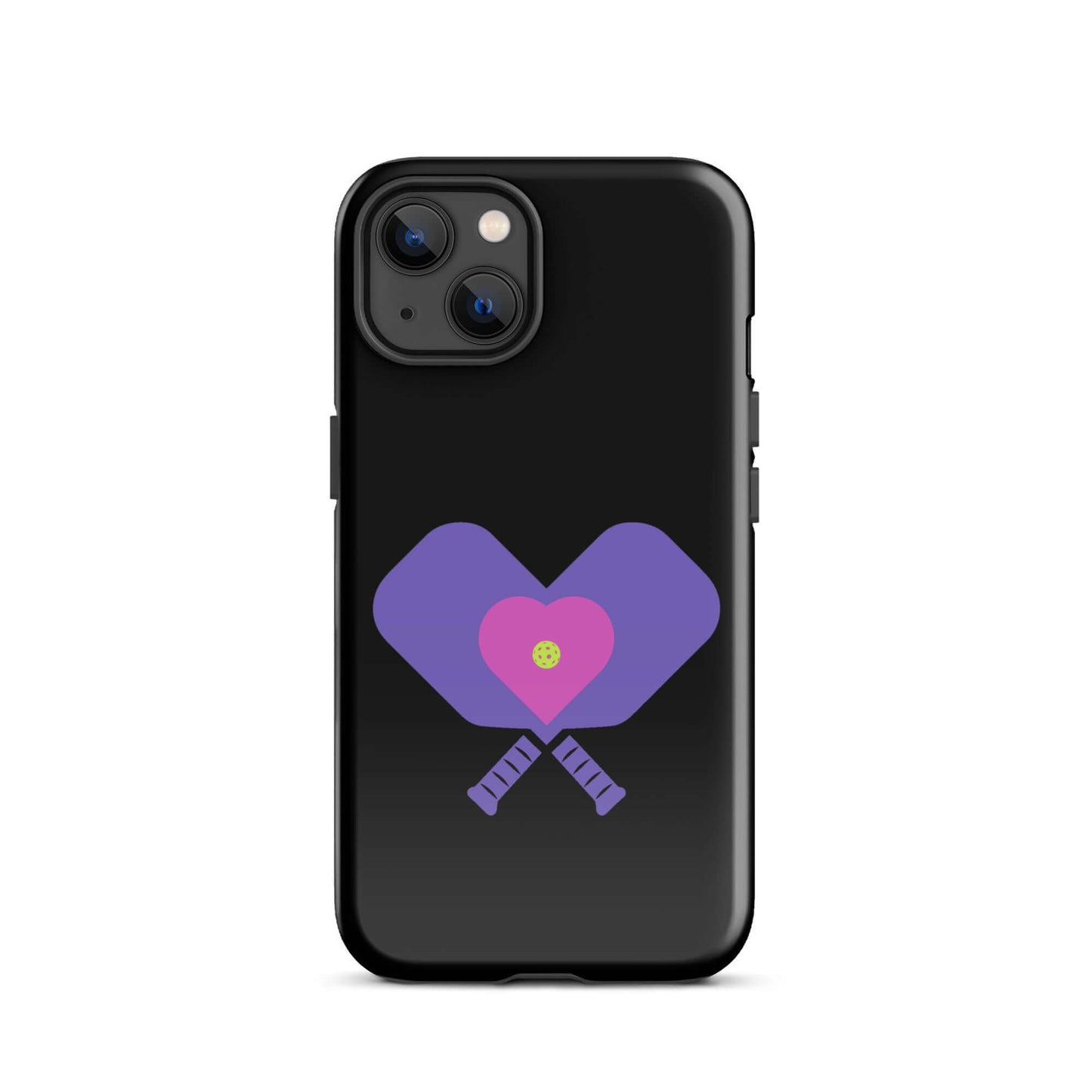 LOVE Pickleball Tough Case for iPhone® featuring a heart design with pickleball paddles on a black background.