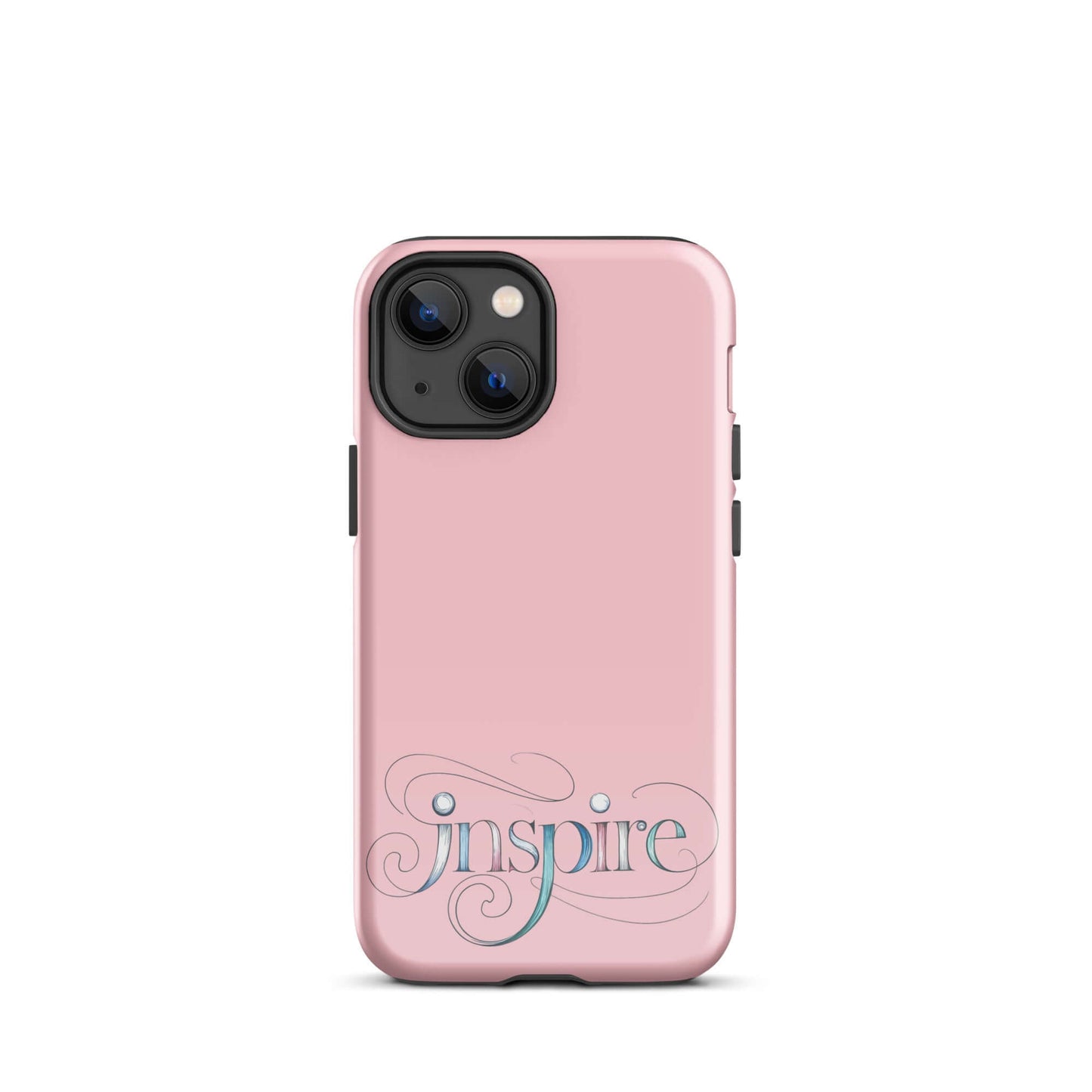 Inspire Sketch Tough Case for iPhone® in pink, featuring elegant word art design and artistic swirls.