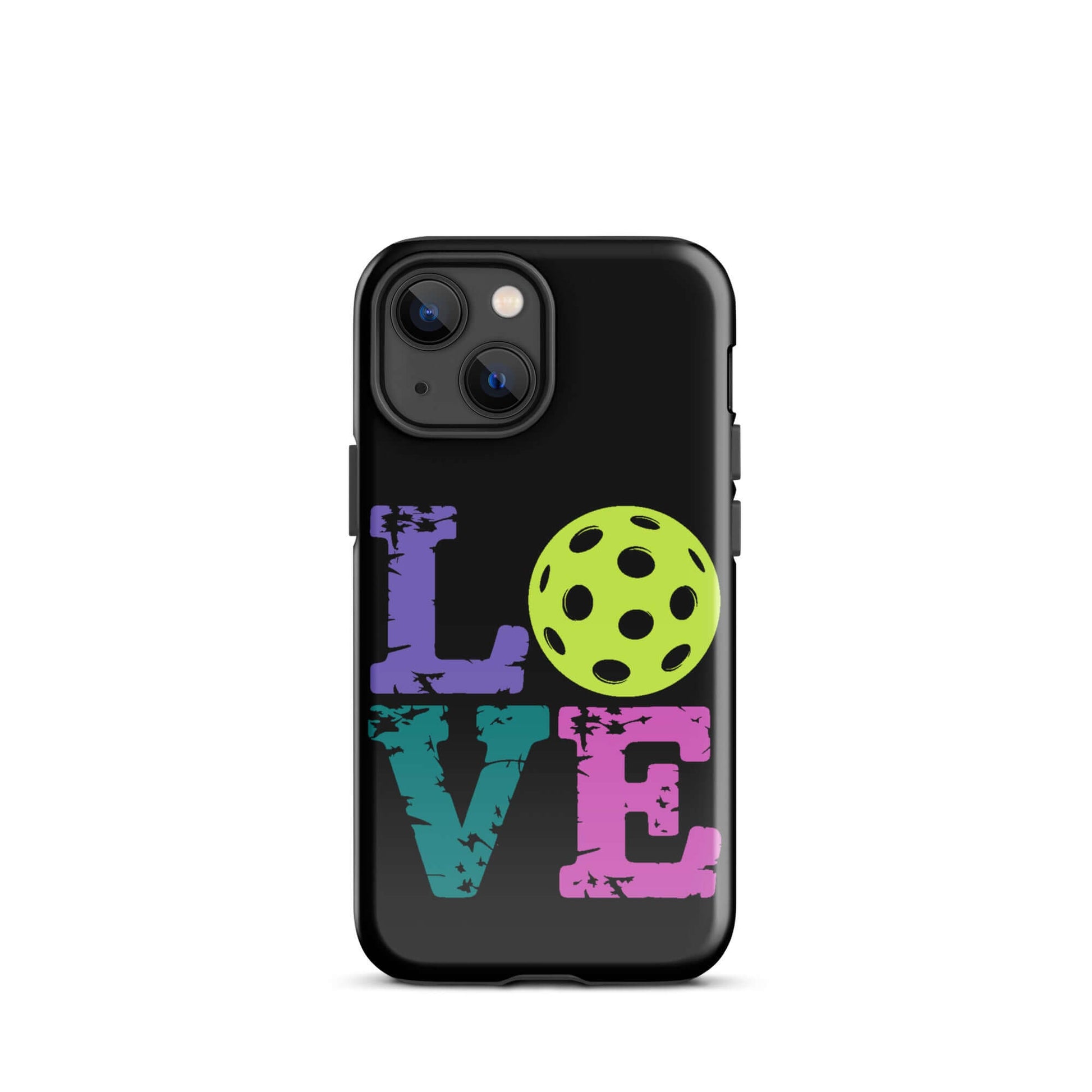 LOVE Pickleball Tough Case for iPhone® featuring colorful letters and a pickleball graphic.