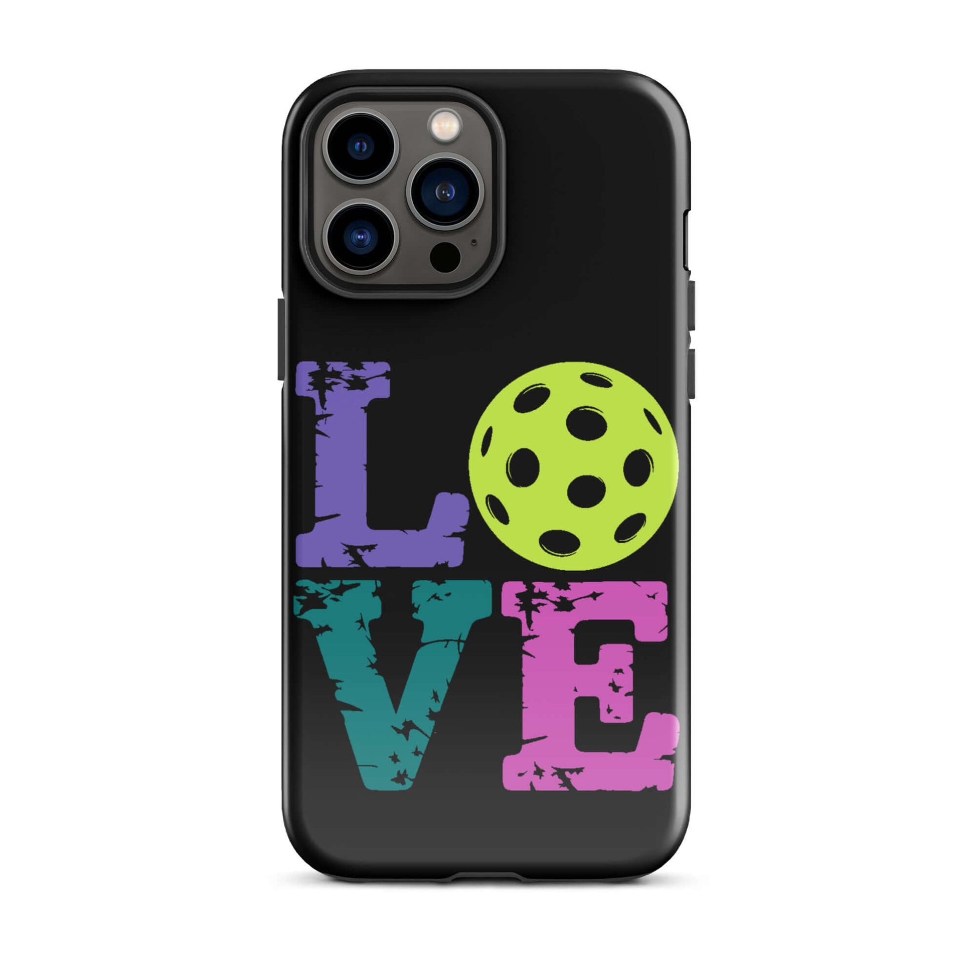 LOVE Pickleball Tough Case for iPhone® featuring colorful letters and a pickleball design.