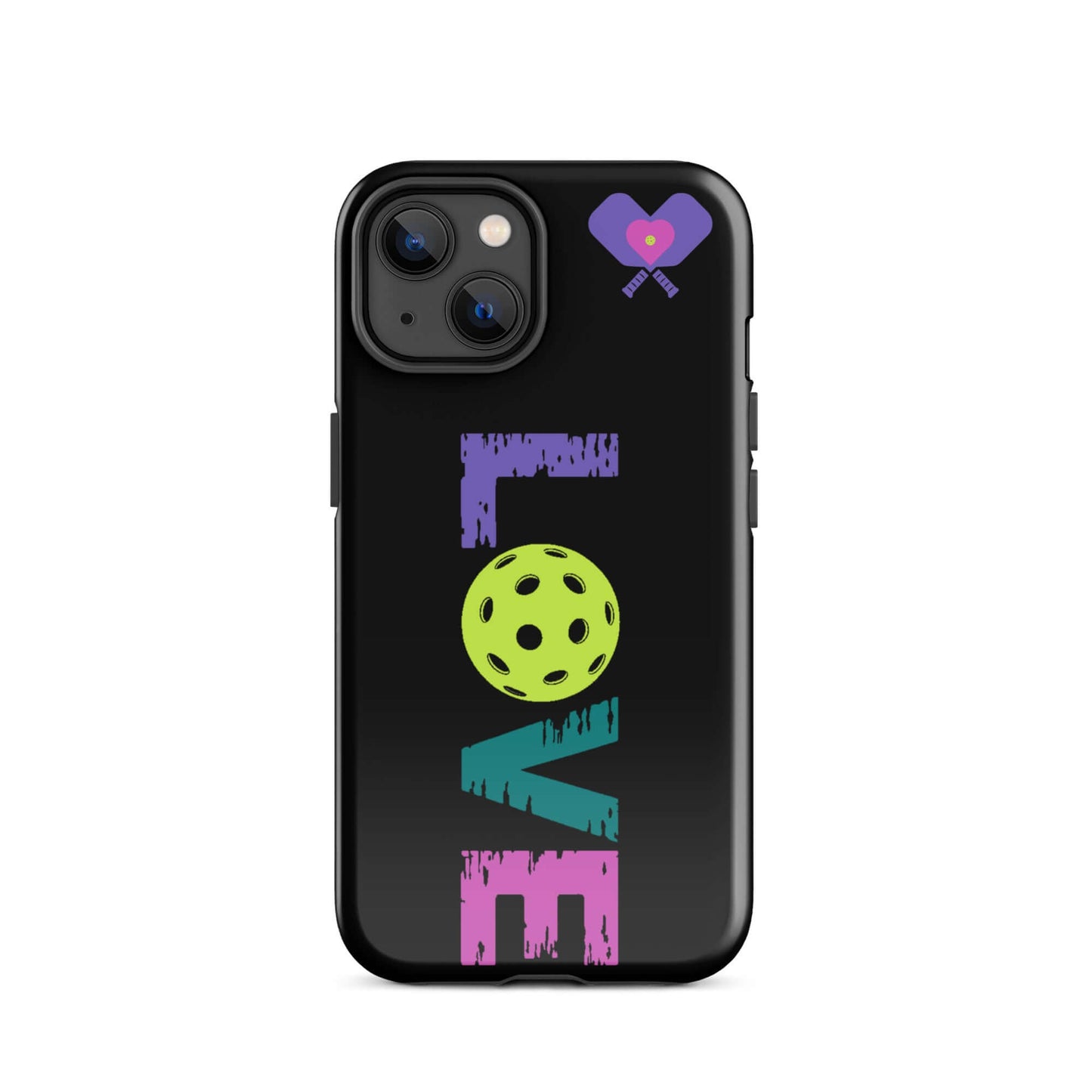 LOVE Pickleball Tough Case for iPhone® featuring vibrant colors and pickleball graphics, ideal for players and fans.