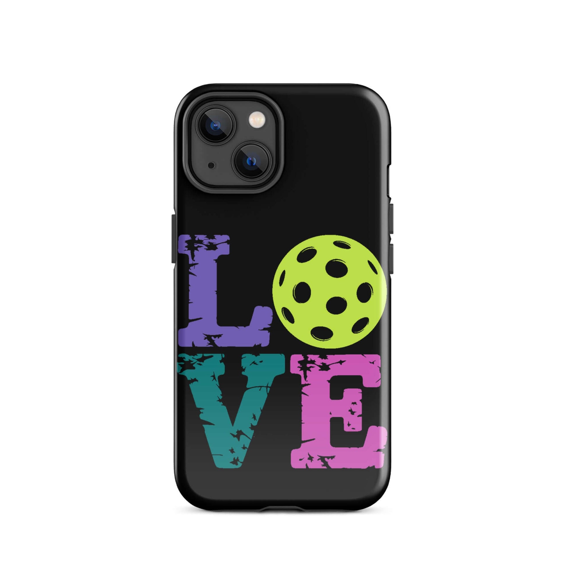 LOVE Pickleball Tough Case for iPhone® with colorful text and pickleball design, perfect for pickleball enthusiasts.