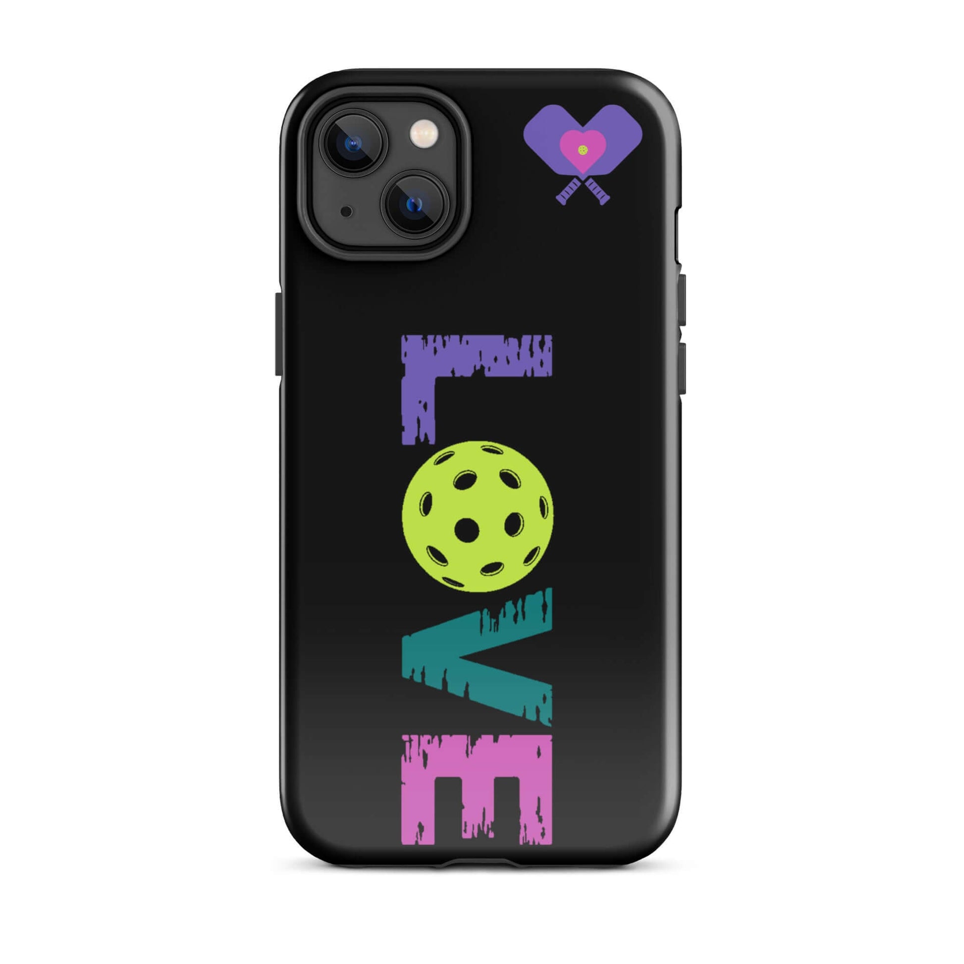 LOVE Pickleball Tough Case for iPhone® featuring vibrant text and a pickleball design.