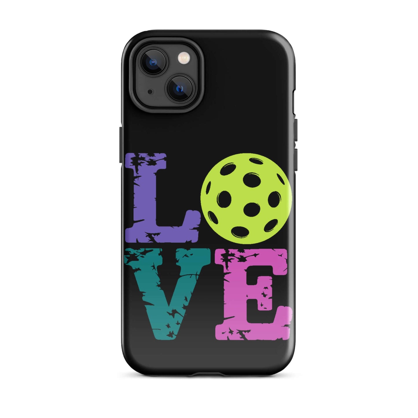 LOVE Pickleball Tough Case for iPhone® showcasing vibrant design with colorful letters and a pickleball graphic.