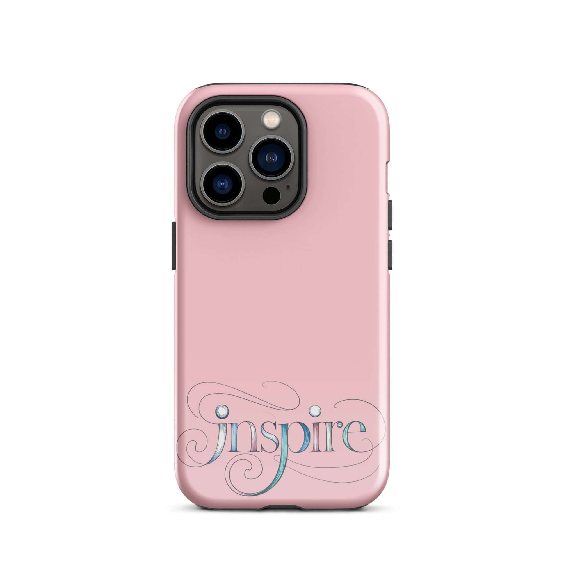 Inspire Sketch Tough Case for iPhone® in pink featuring elegant word art design and intricate swirls.