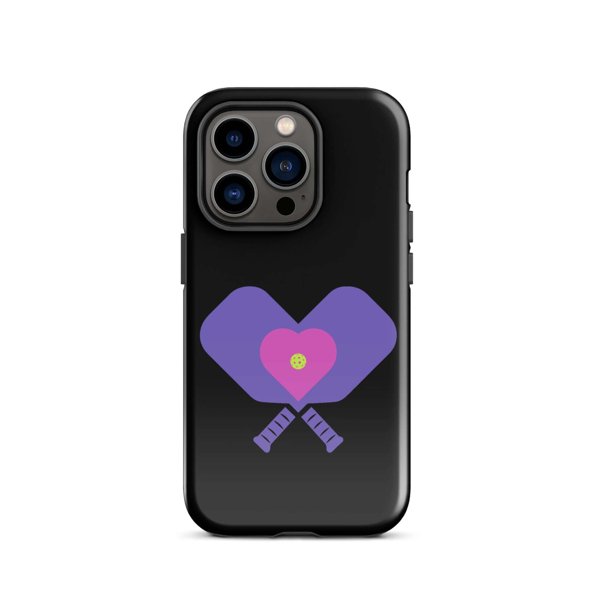 LOVE Pickleball Tough Case for iPhone® featuring crossed paddles and a heart design in purple, stylish and durable.