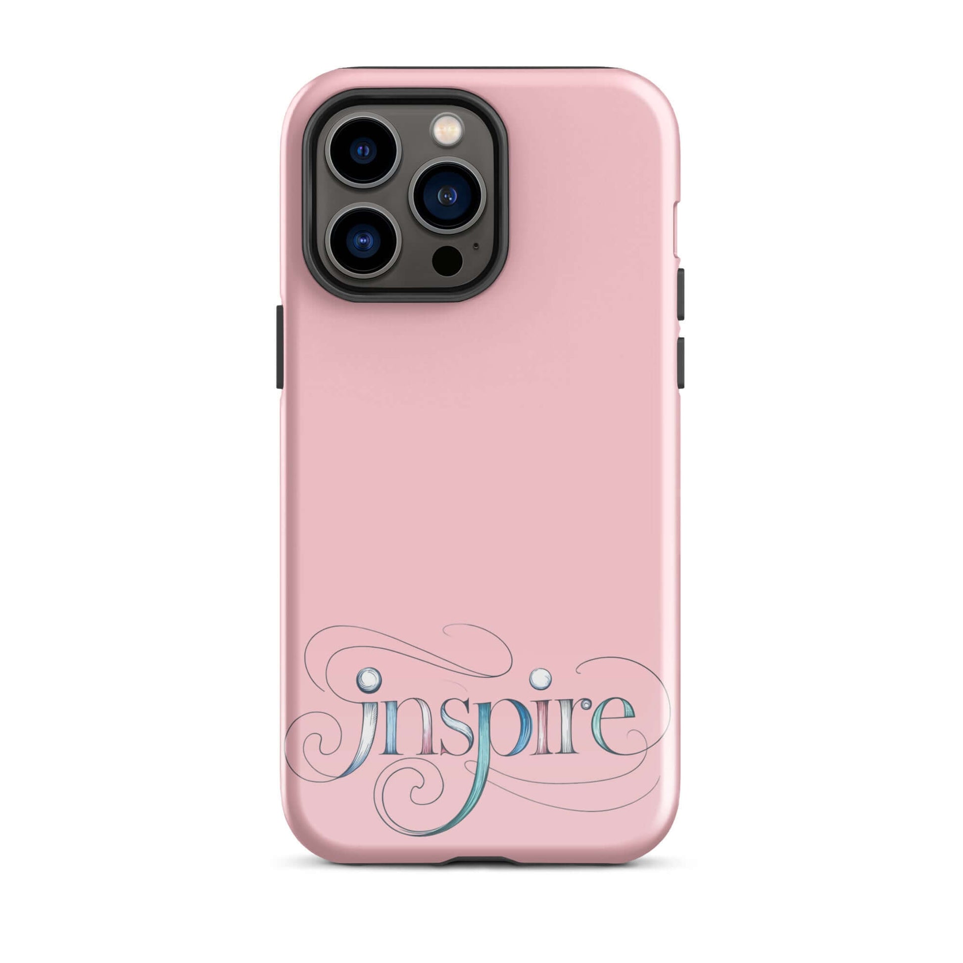 Inspire Sketch Tough Case for iPhone® featuring elegant word art design in pink with intricate patterns.