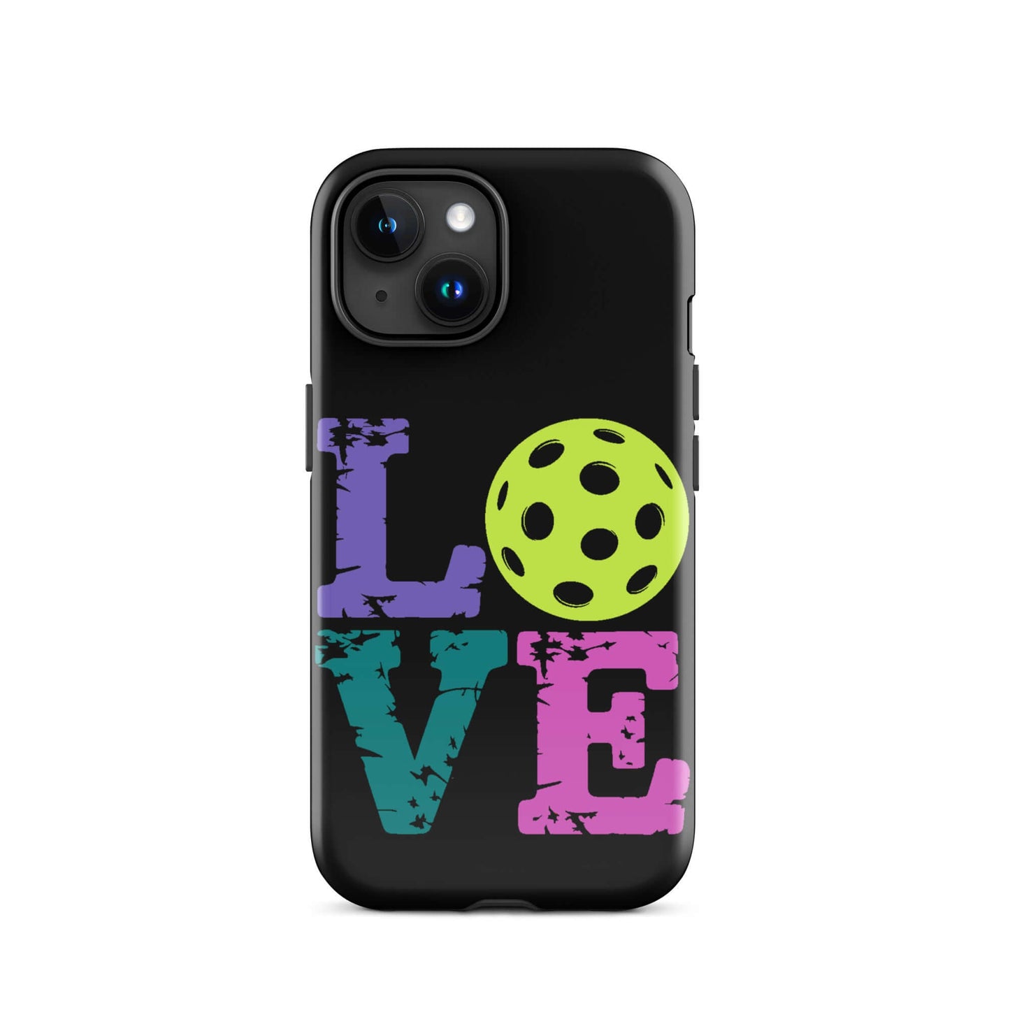 LOVE Pickleball Tough Case for iPhone® showcasing colorful 'LOVE' text and a vibrant green pickleball design.