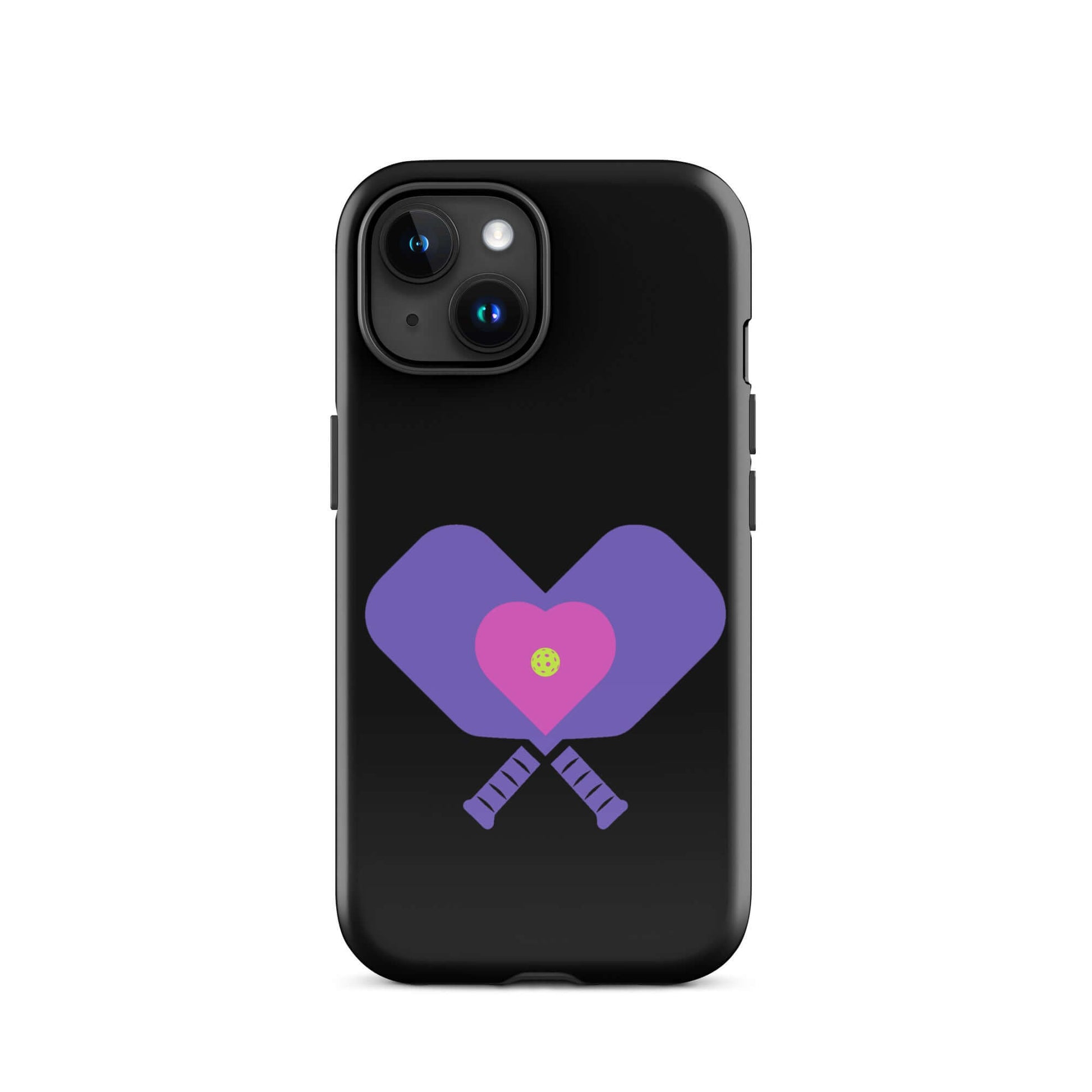 LOVE Pickleball Tough Case for iPhone® featuring heart-shaped paddles design on a sleek black background.