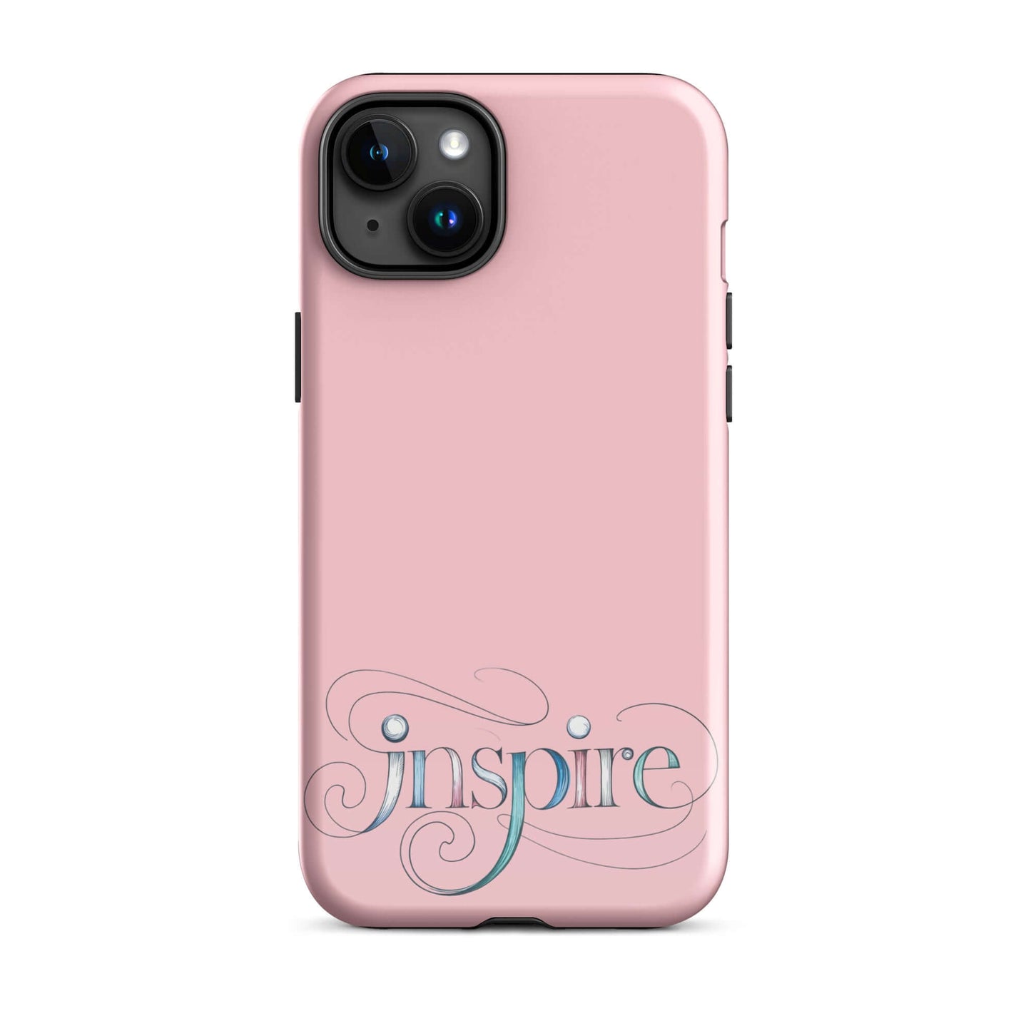 Inspire Sketch Tough Case for iPhone® with elegant word art design in pink, showcasing the word 'Inspire' with artistic swirls.