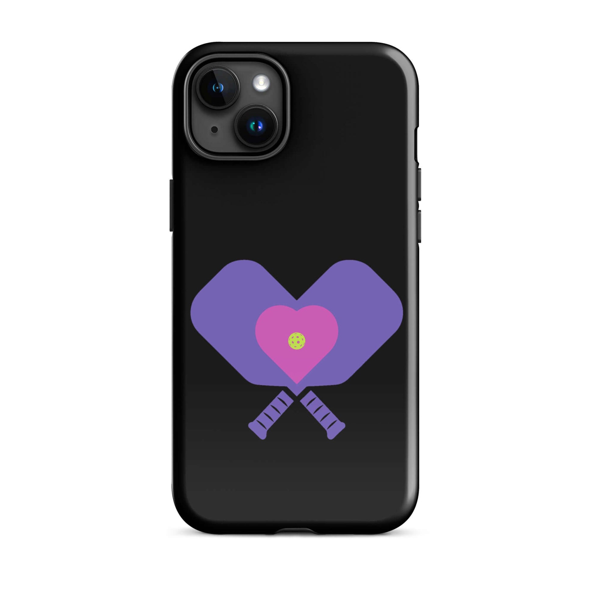 LOVE Pickleball Tough Case for iPhone® featuring heart design and pickleball paddles.