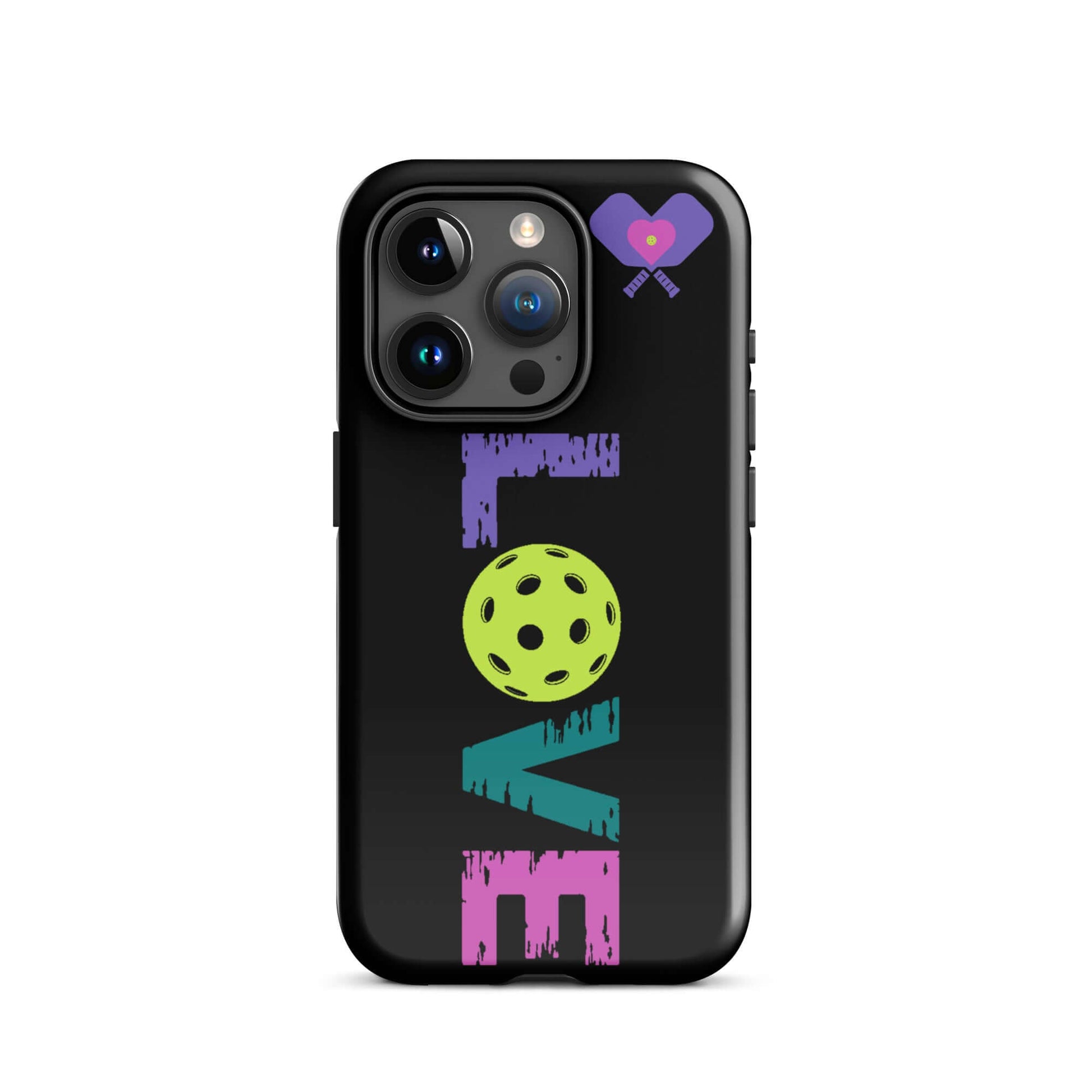 LOVE pickleball tough case for iPhone®, with colorful design and heart graphic, perfect for players and fans.