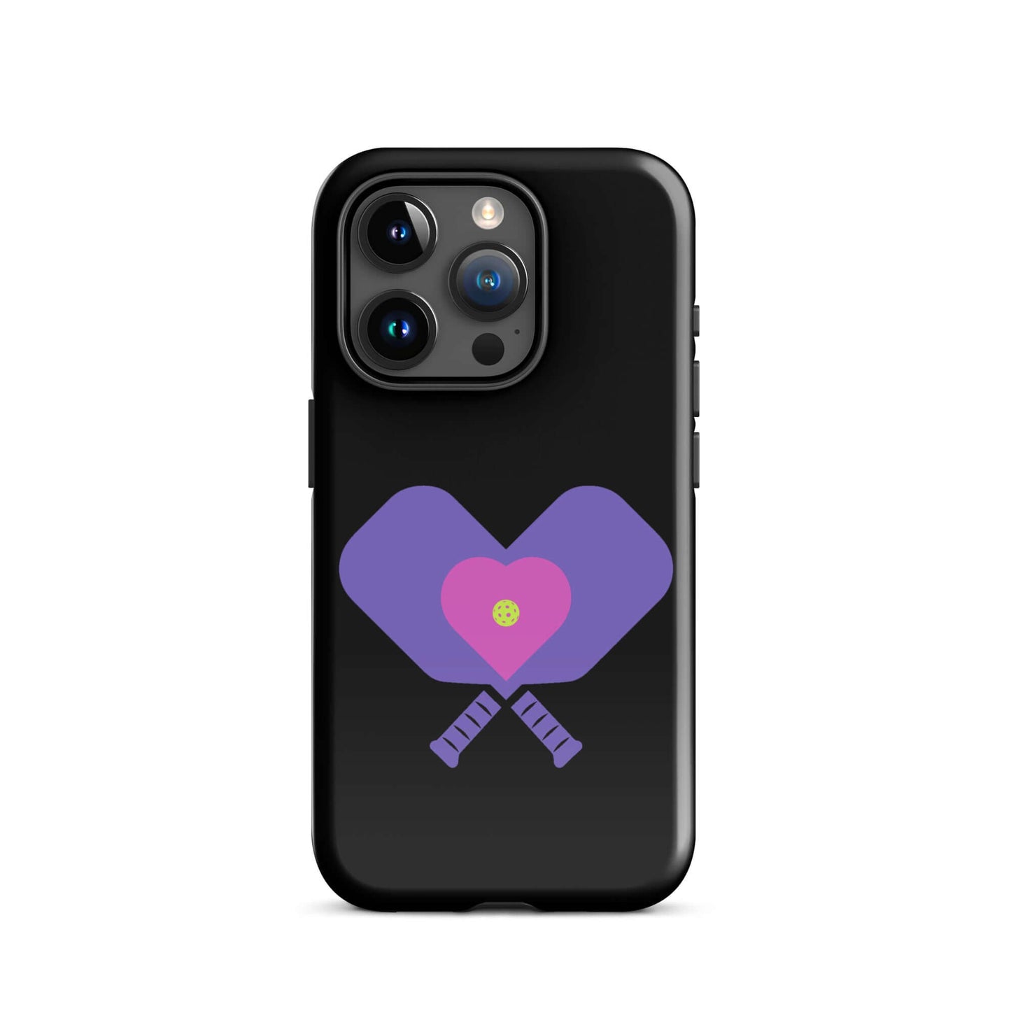 LOVE Pickleball Tough Case for iPhone® featuring crossed paddles and heart design in vibrant colors.