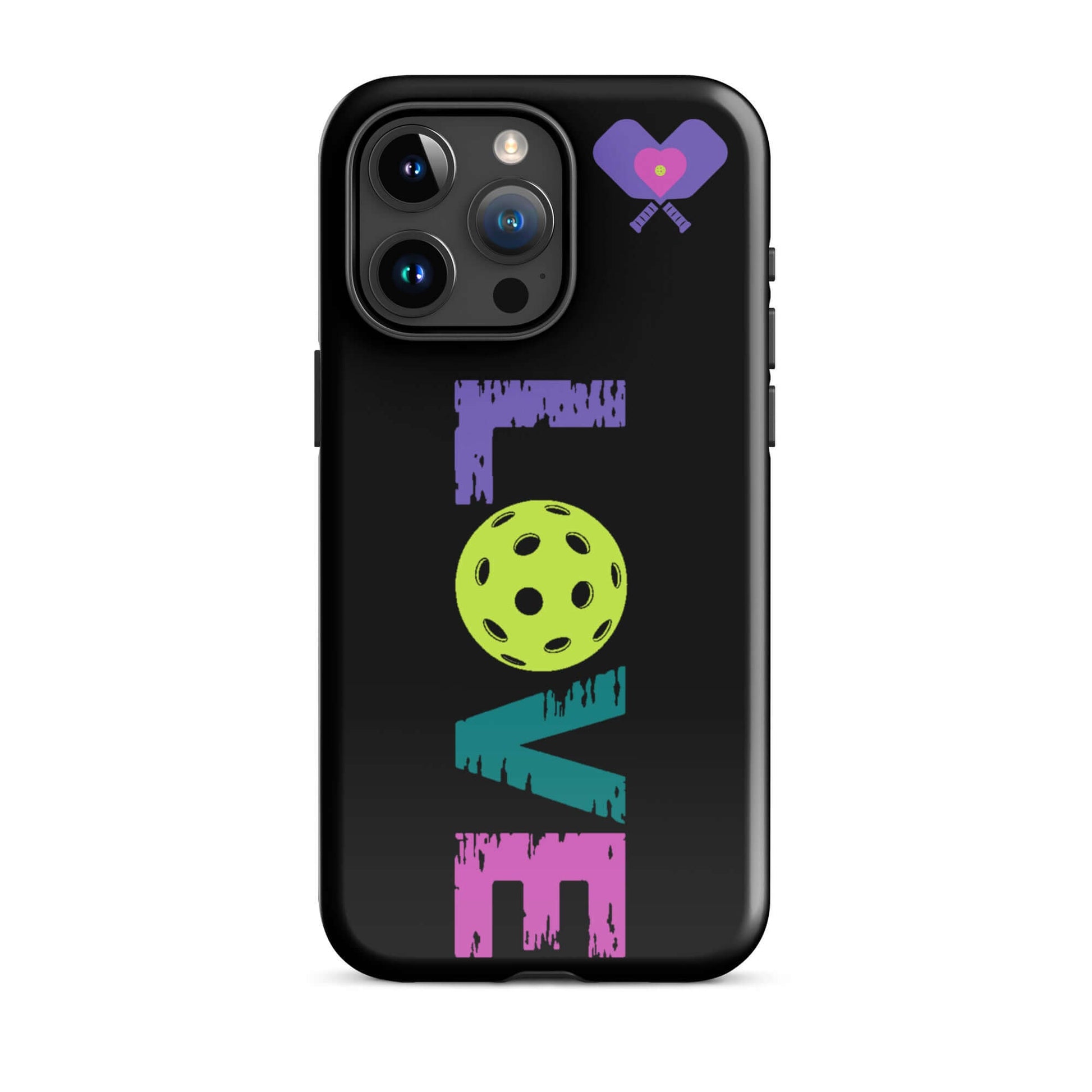 LOVE Pickleball Tough Case for iPhone® featuring colorful typography and pickleball graphic on a sleek black background.