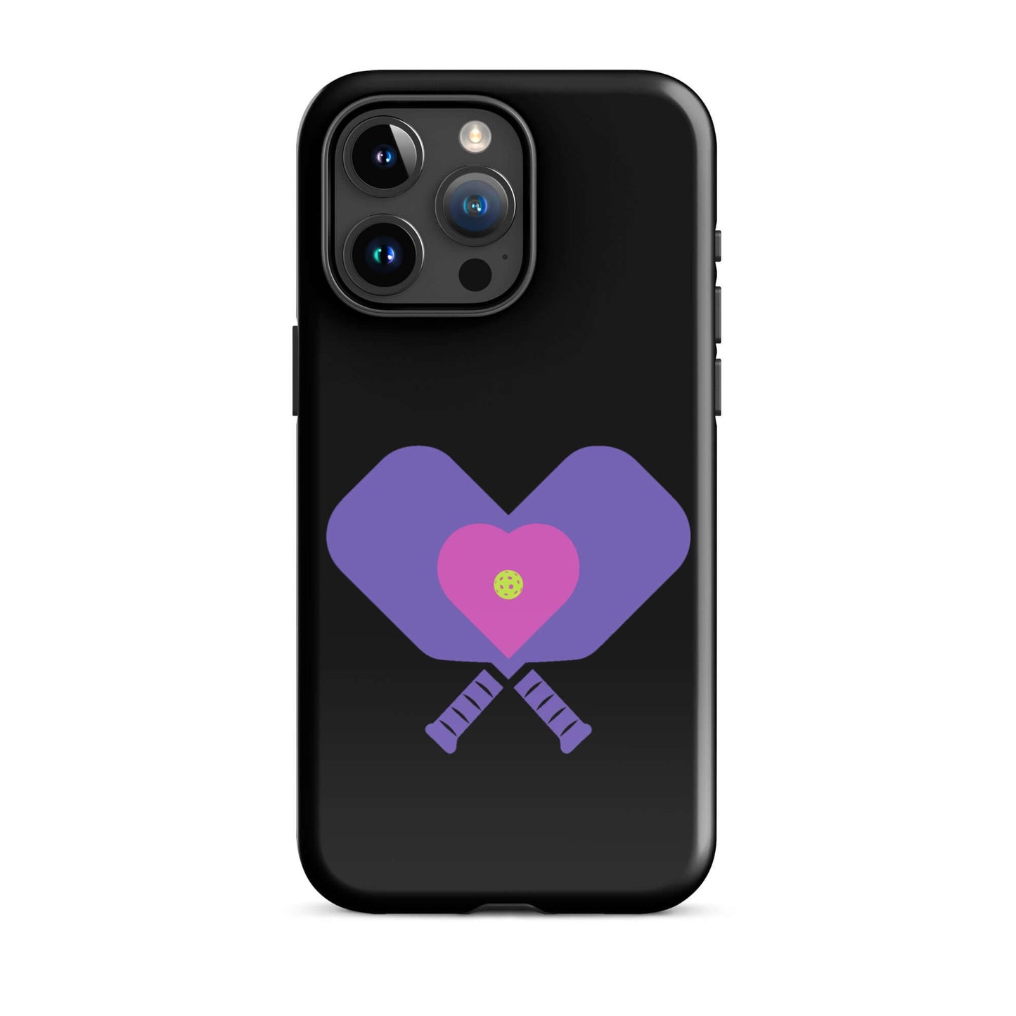 LOVE Pickleball Tough Case for iPhone® featuring heart-shaped paddles in purple and pink design.