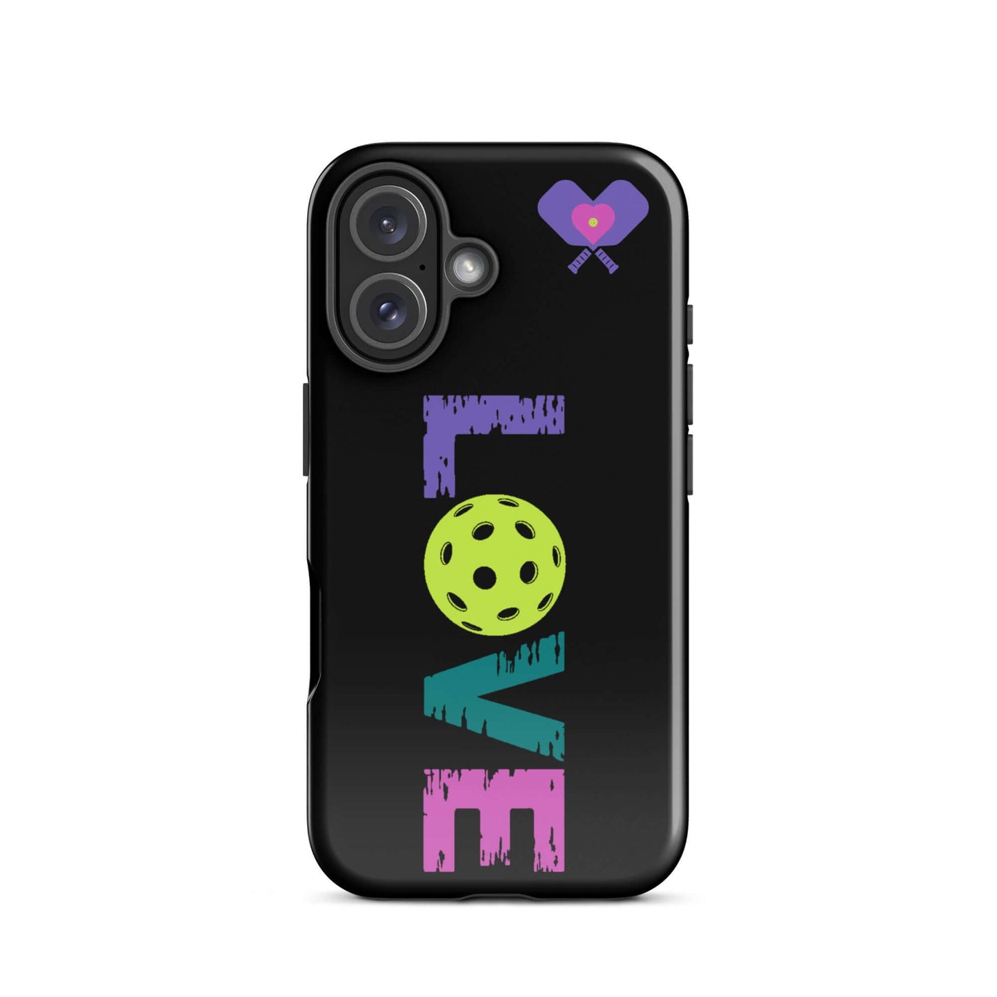 LOVE Pickleball Tough Case for iPhone® with colorful design and polka dot ball, perfect for fans and players.