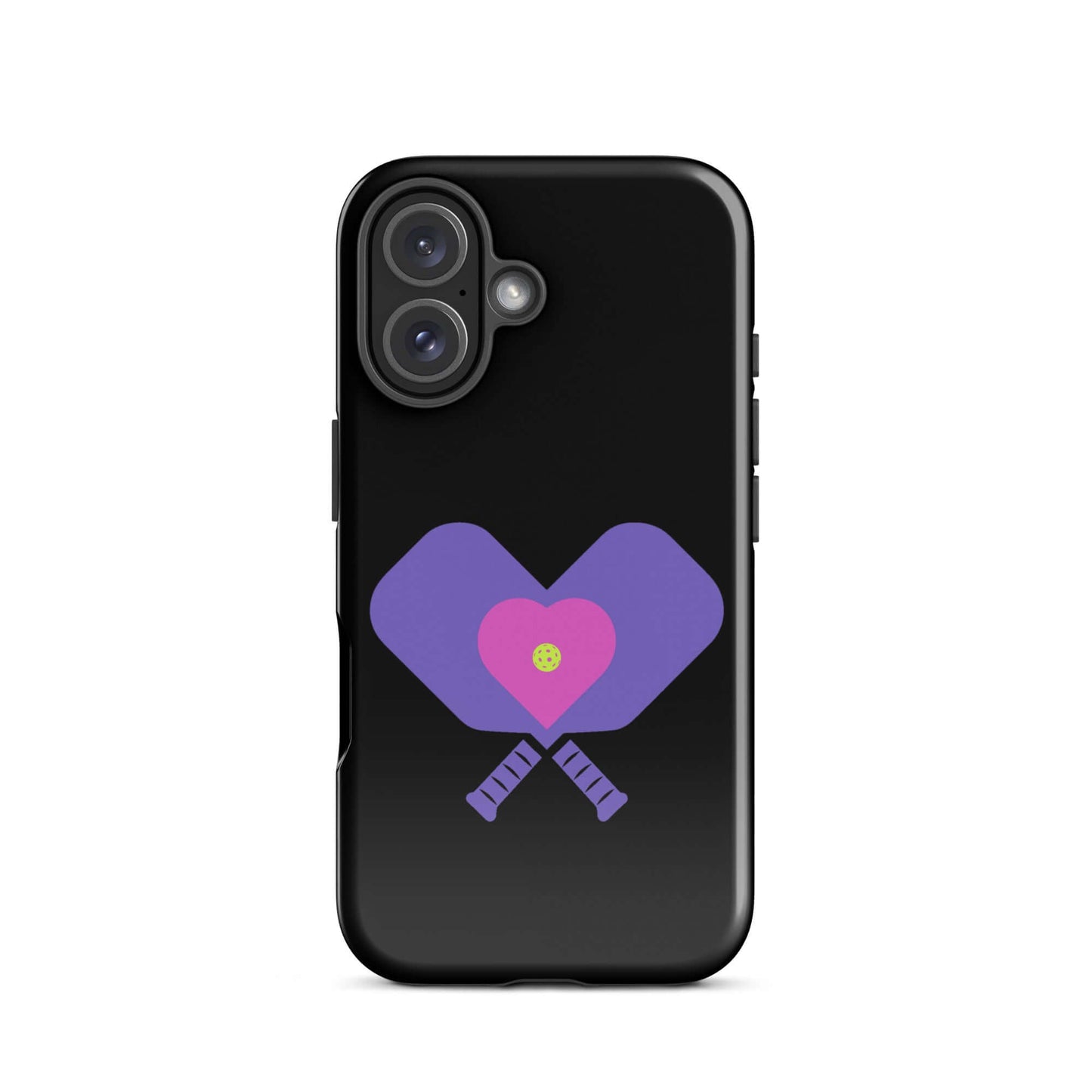 LOVE Pickleball Tough Case for iPhone® featuring pickleball paddles and heart design, perfect for fans and players.