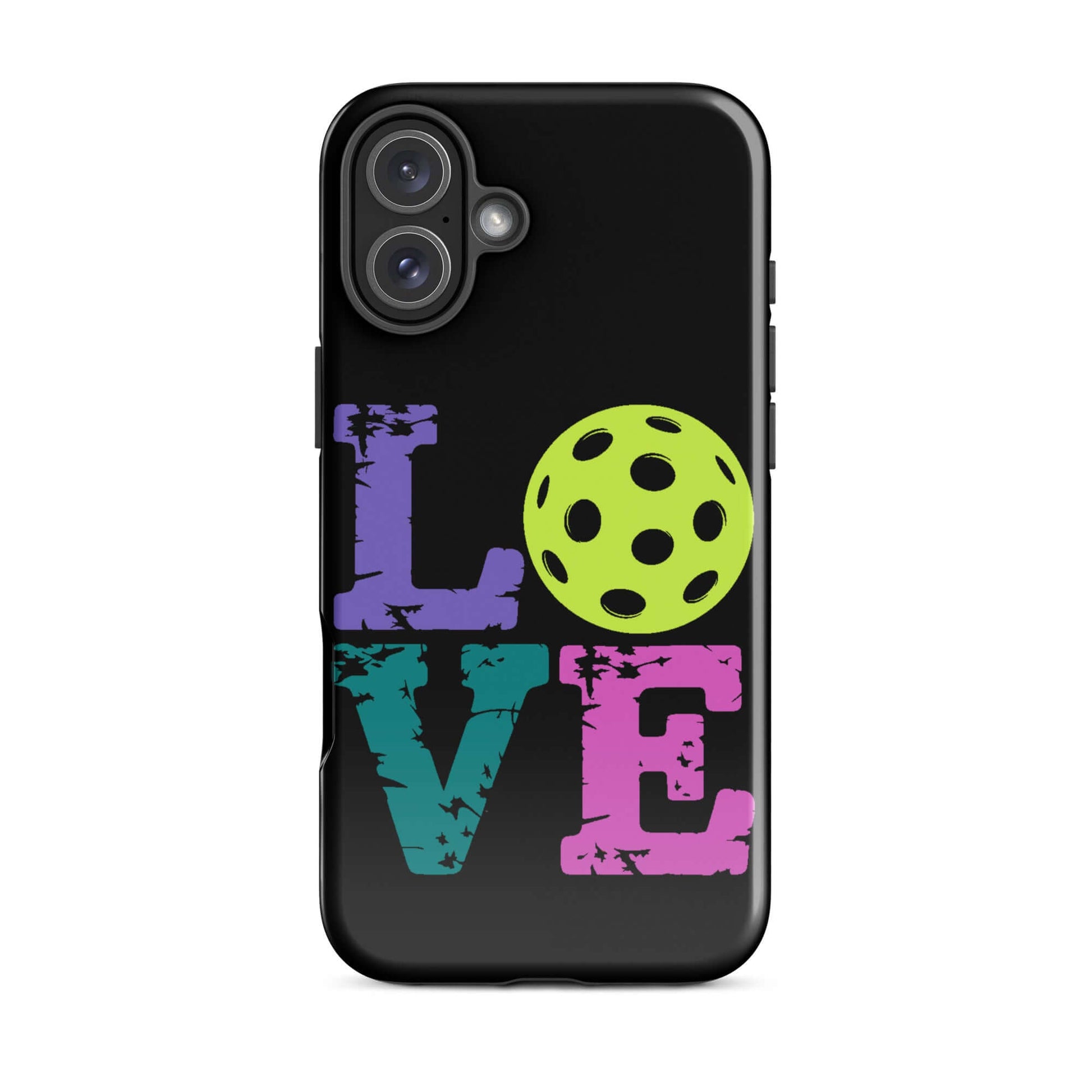 LOVE Pickleball tough case for iPhone® featuring colorful letters and a pickleball graphic.