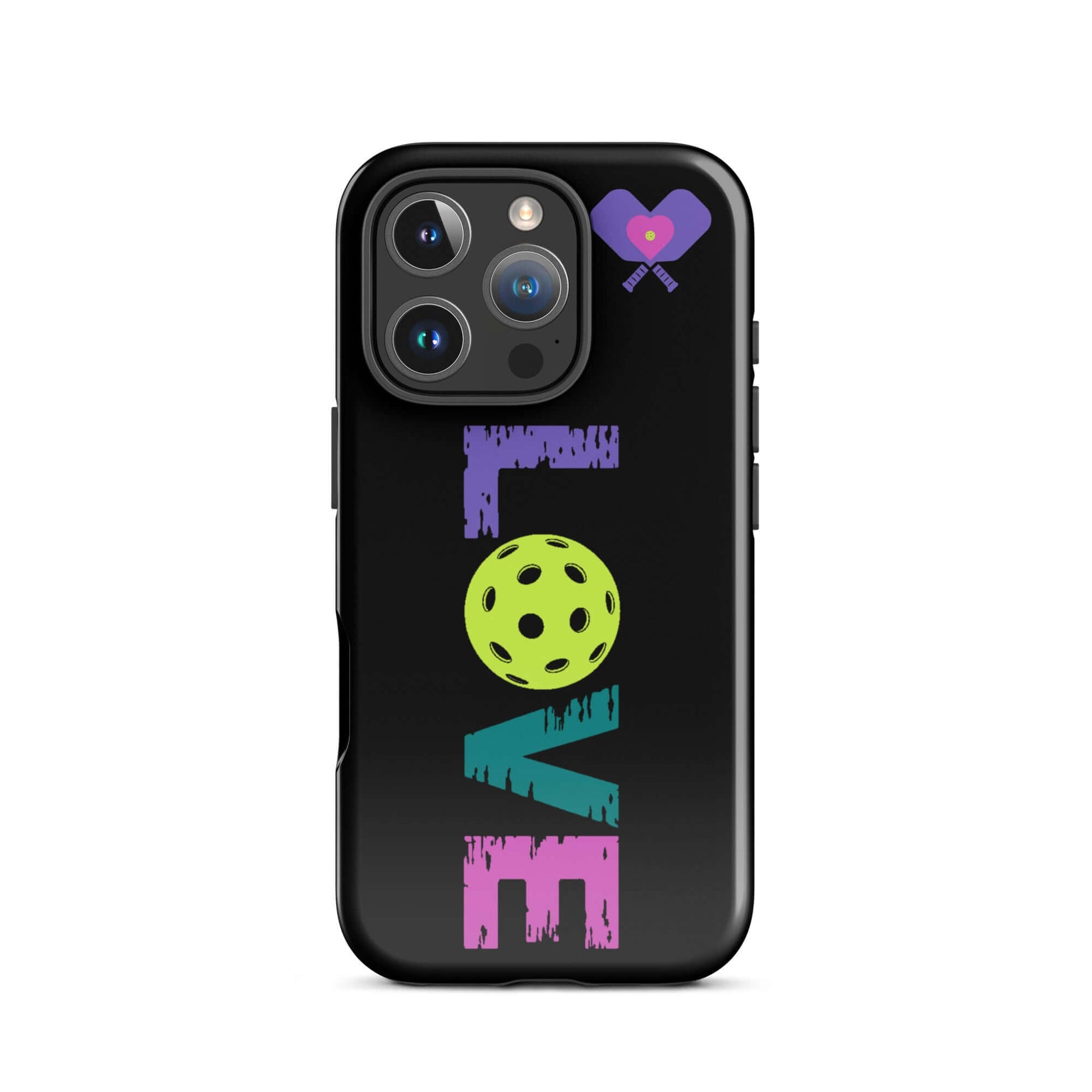 LOVE Pickleball Tough Case for iPhone with colorful graphics and durable protection design.