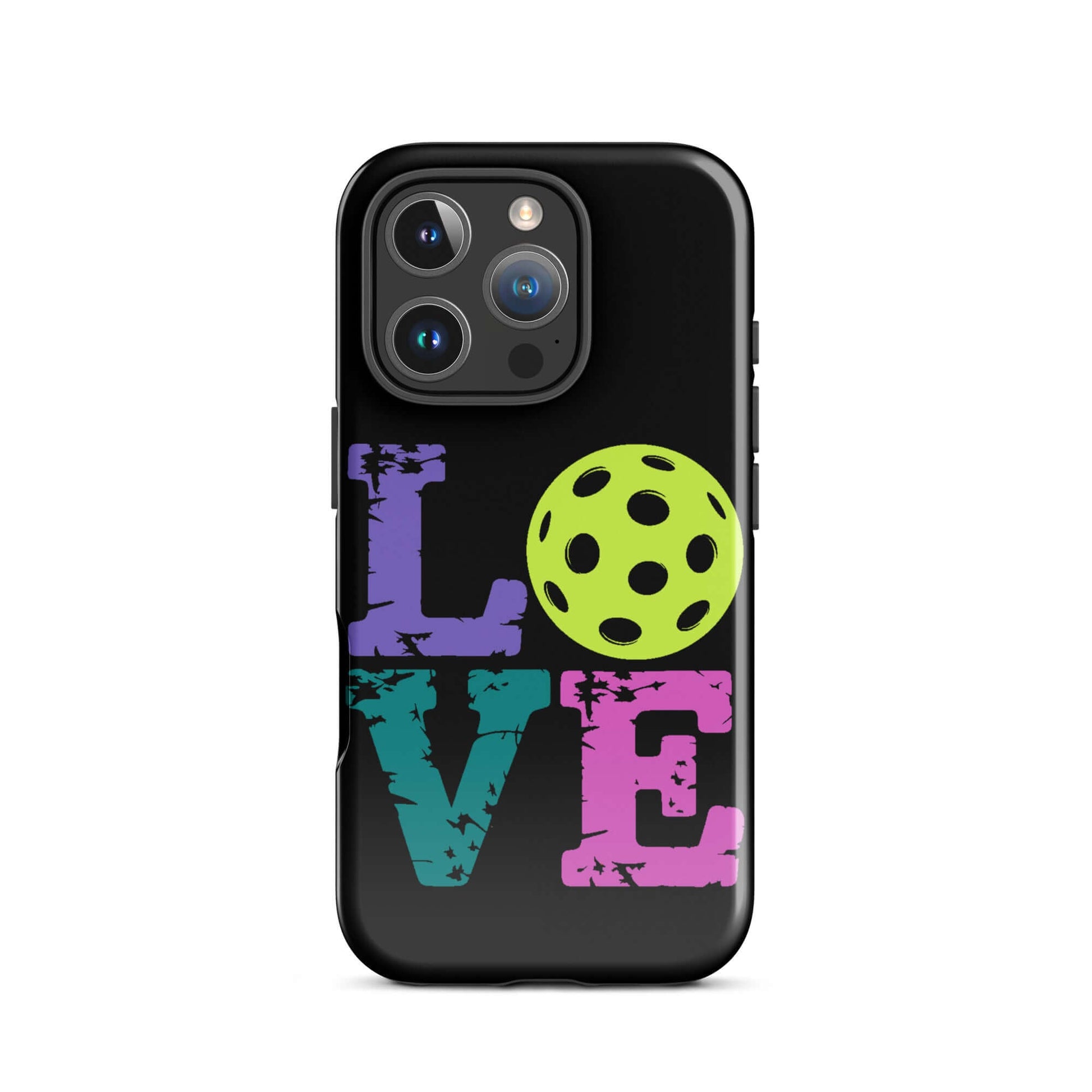 LOVE Pickleball Tough Case for iPhone® featuring vibrant colors and pickleball design.