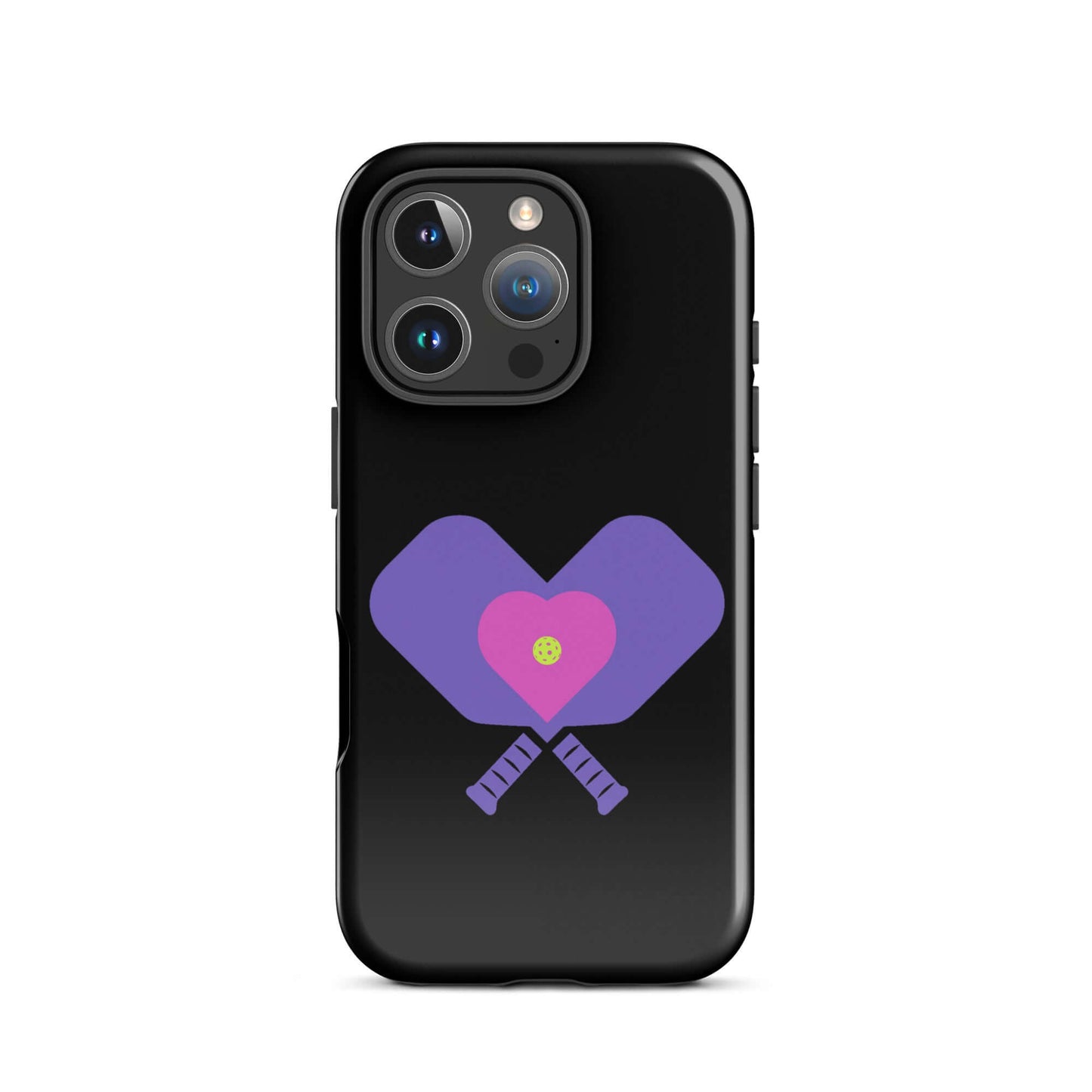 LOVE Pickleball Tough Case for iPhone®, featuring heart-shaped paddles design on a black background.