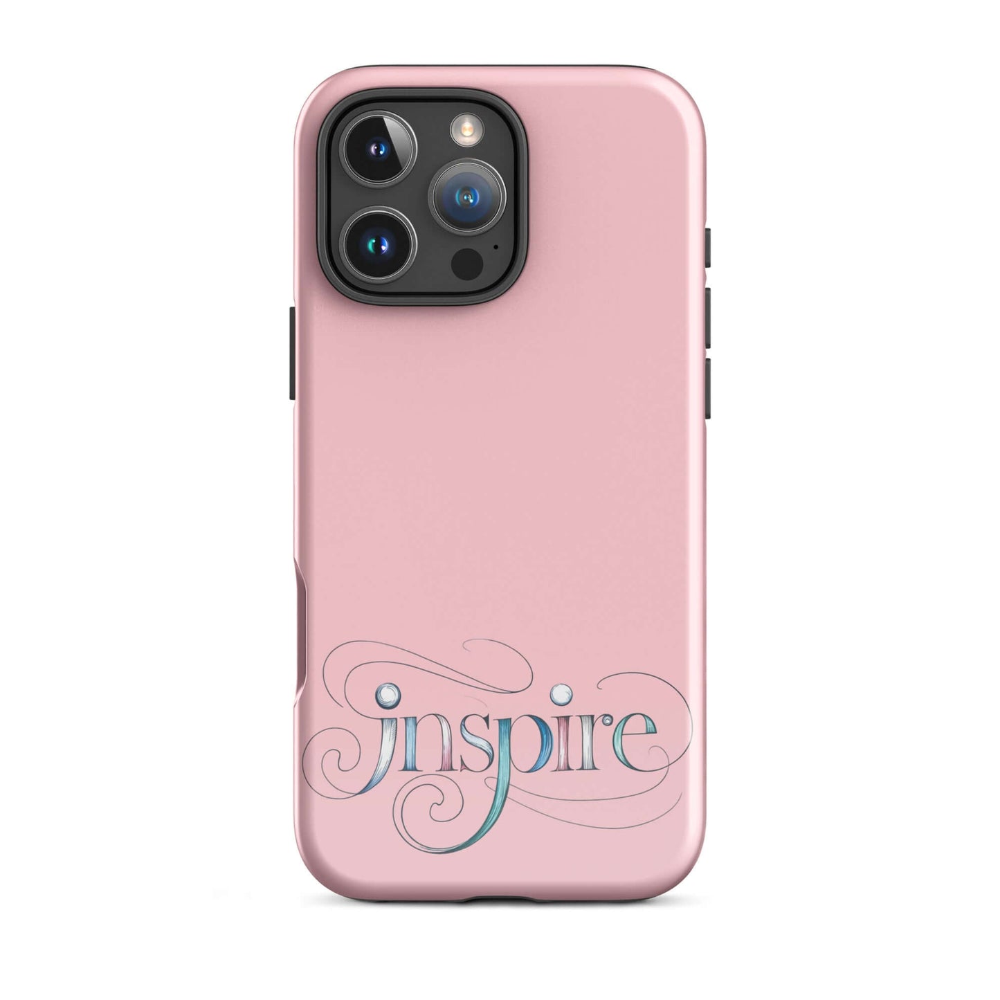 Inspire Sketch Tough Case for iPhone® in pink, featuring elegant word art design with intricate swirls.