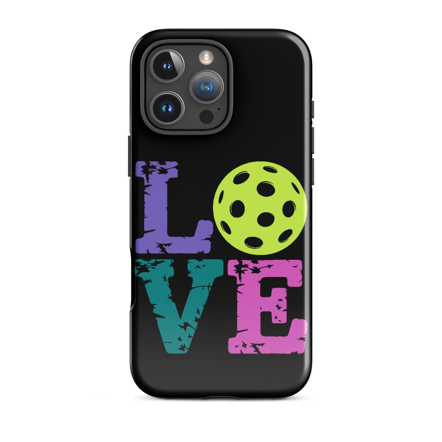 LOVE Pickleball Tough Case for iPhone® with colorful text and pickleball graphic, perfect for sports enthusiasts.