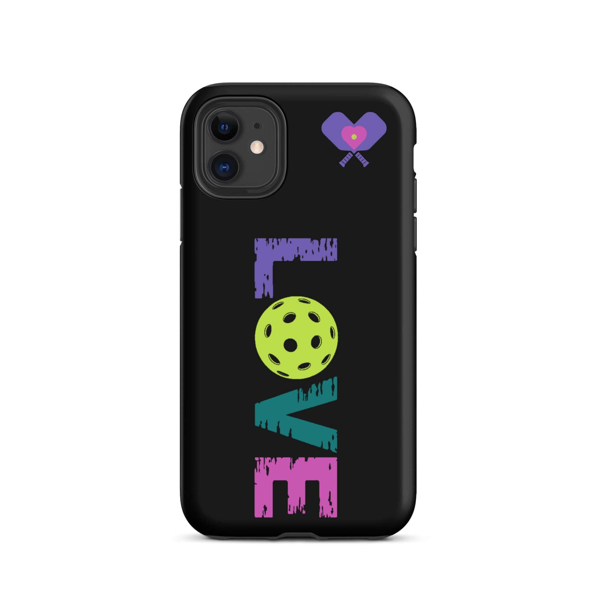 LOVE pickleball tough case for iPhone featuring vibrant colors and durable design, perfect for fans and players.