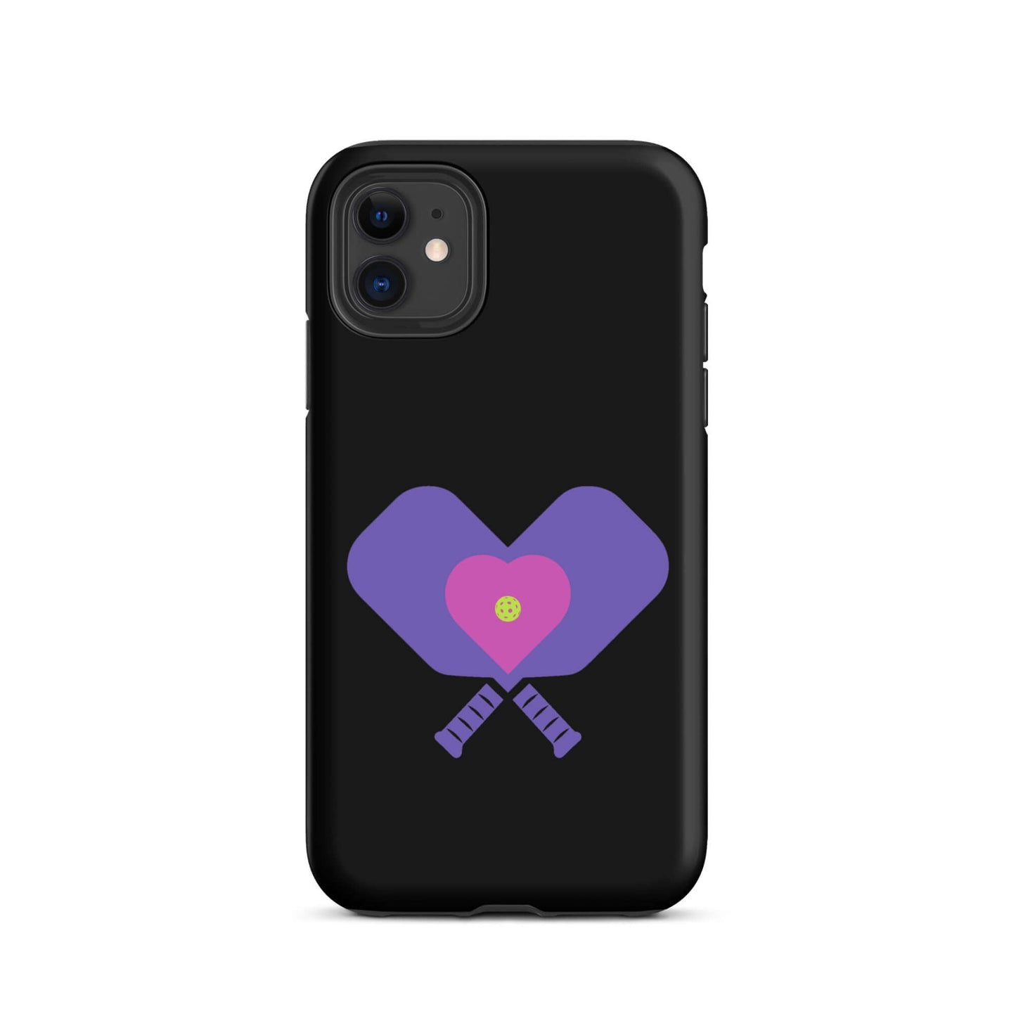 LOVE Pickleball Tough Case for iPhone® featuring heart and paddles design on a sleek black background.