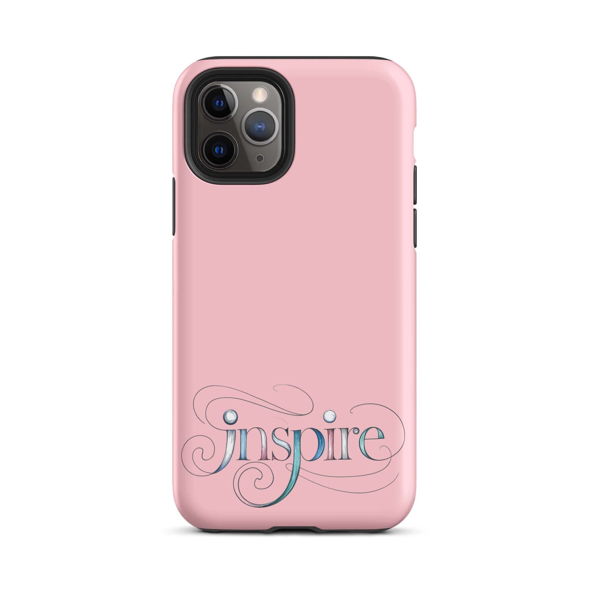 Inspire Sketch Tough Case for iPhone® with elegant word art design on a pink background.