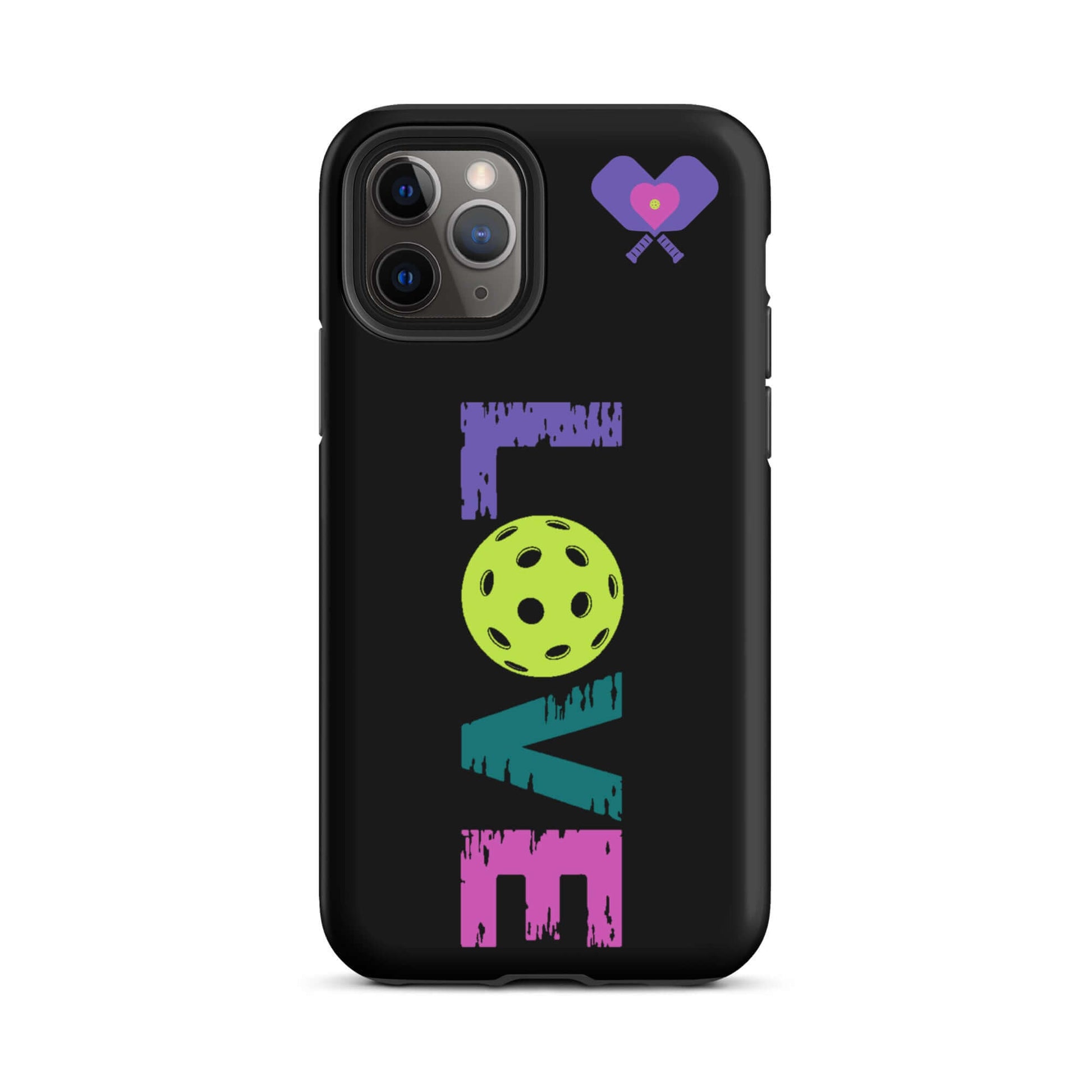 LOVE Pickleball Tough Case for iPhone® featuring vibrant colors and a fun pickleball graphic.