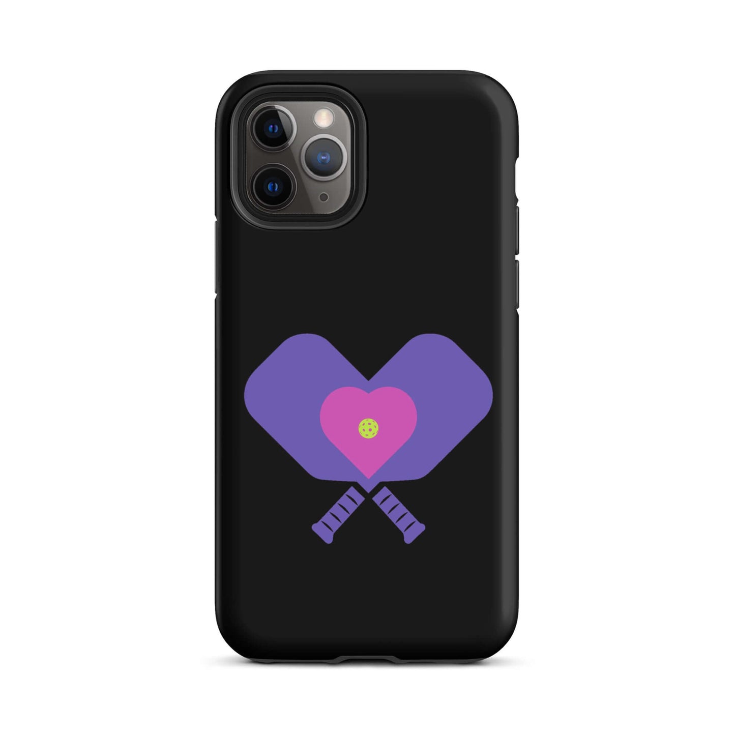 LOVE Pickleball Tough Case for iPhone® featuring purple paddles and heart design, stylish and durable.