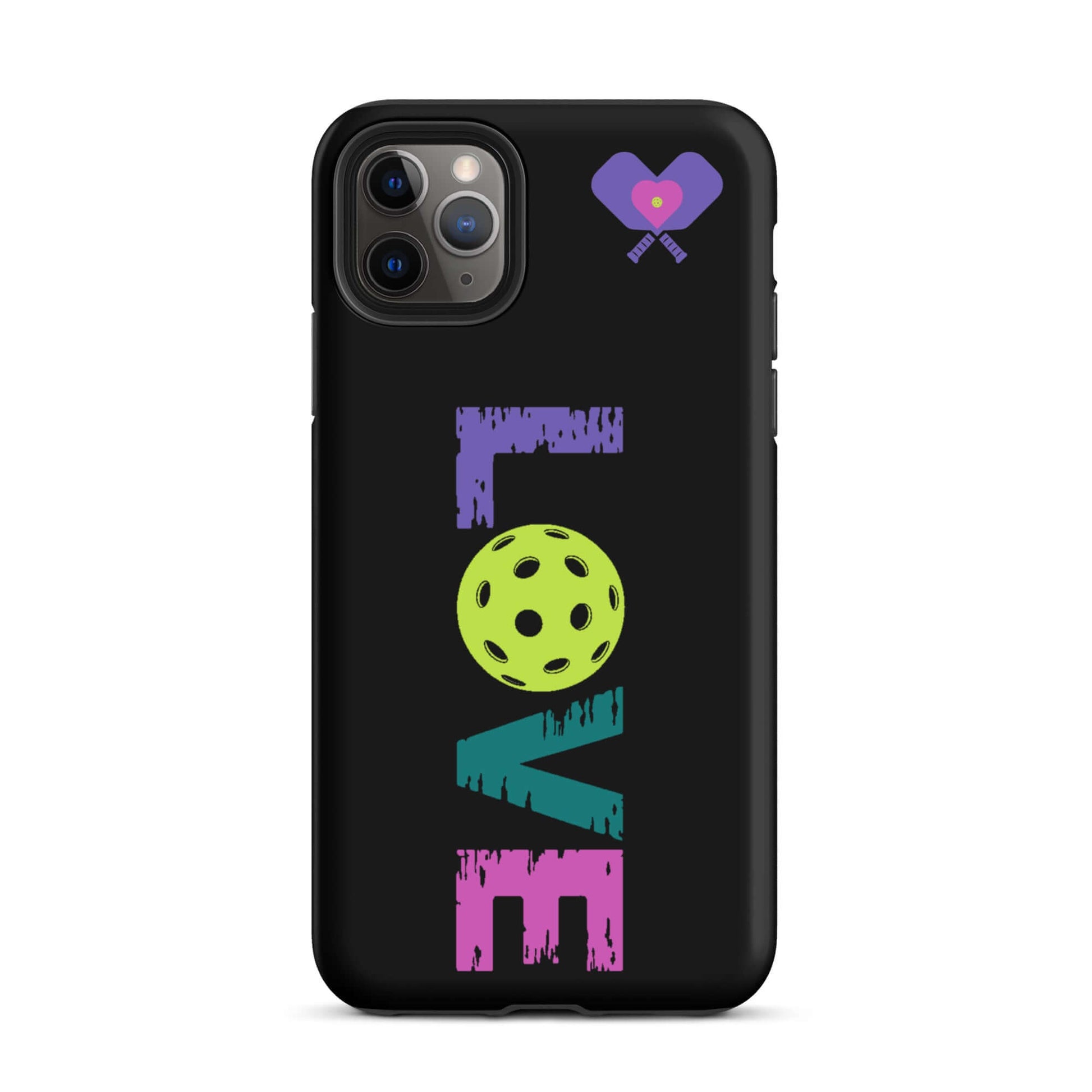 LOVE pickleball iPhone Tough Case with colorful lettering and pickleball graphic for protection and style.