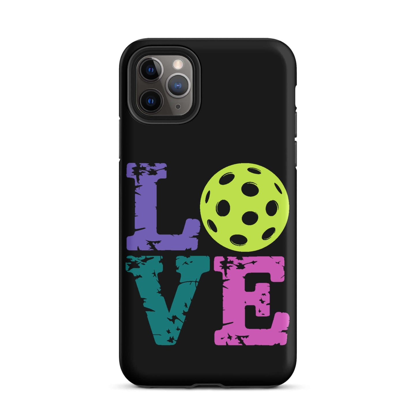 LOVE Pickleball Tough Case for iPhone® with vibrant letters and pickleball graphic on a black background.