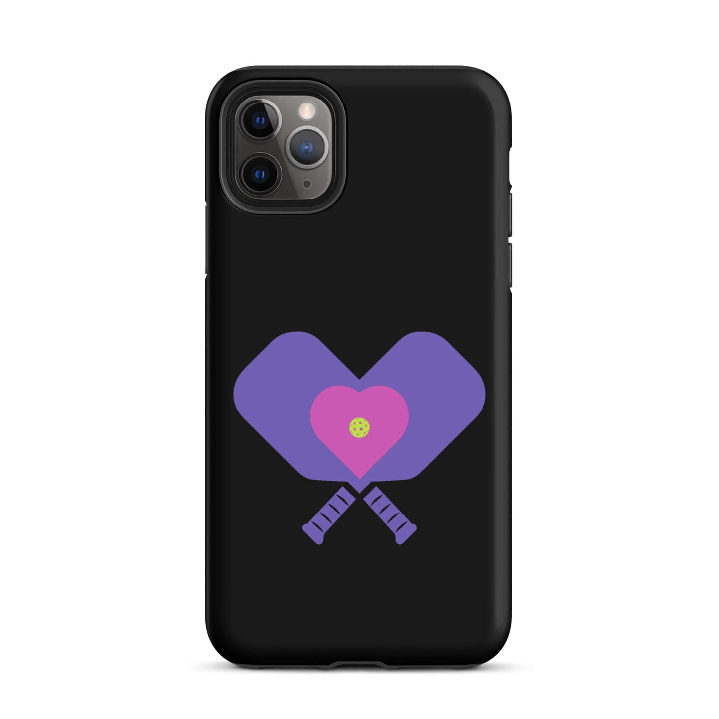 LOVE Pickleball Tough Case for iPhone® featuring a heart with paddles design on a black background.