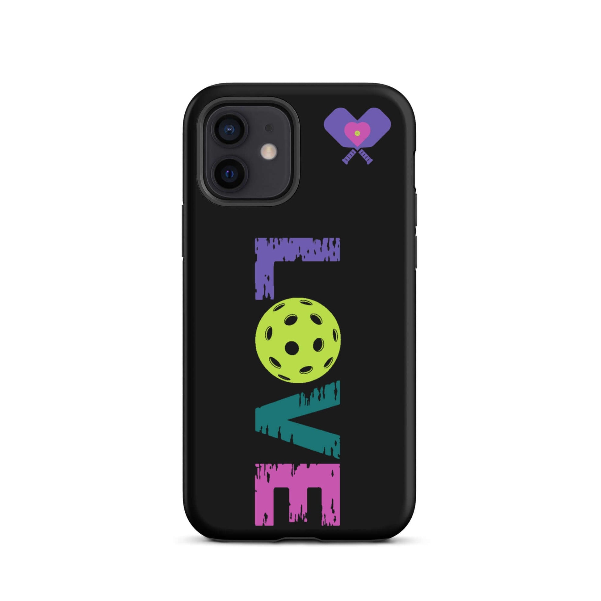 LOVE Pickleball Tough Case for iPhone®, featuring vibrant design with pickleball and heart graphics.