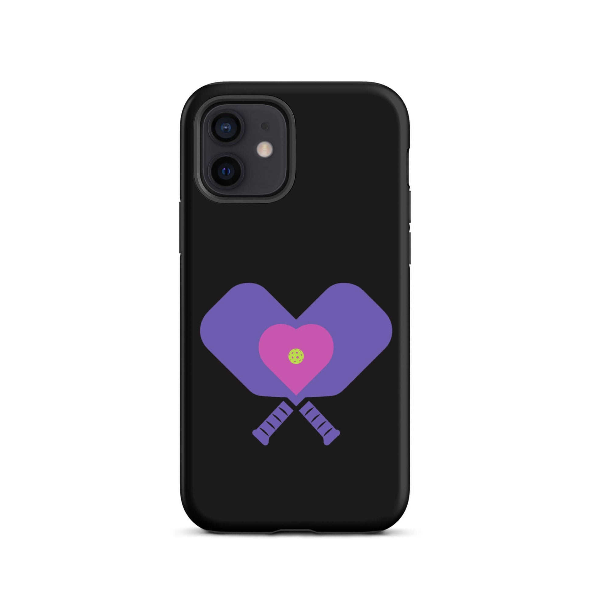 LOVE Pickleball Tough Case for iPhone® featuring crossed paddles and heart design on a black background.